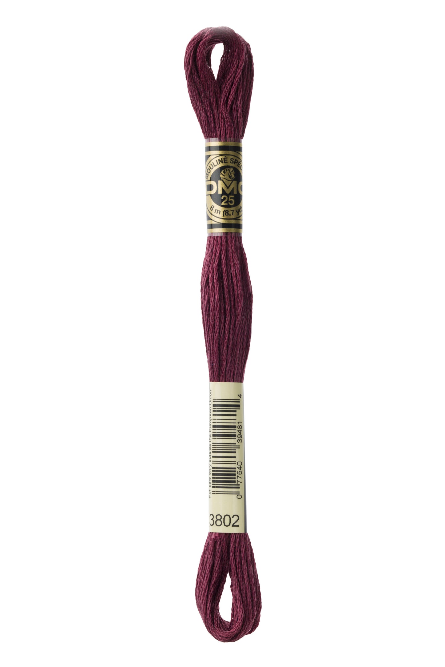 Maroon embroidery floss with a label on a white background