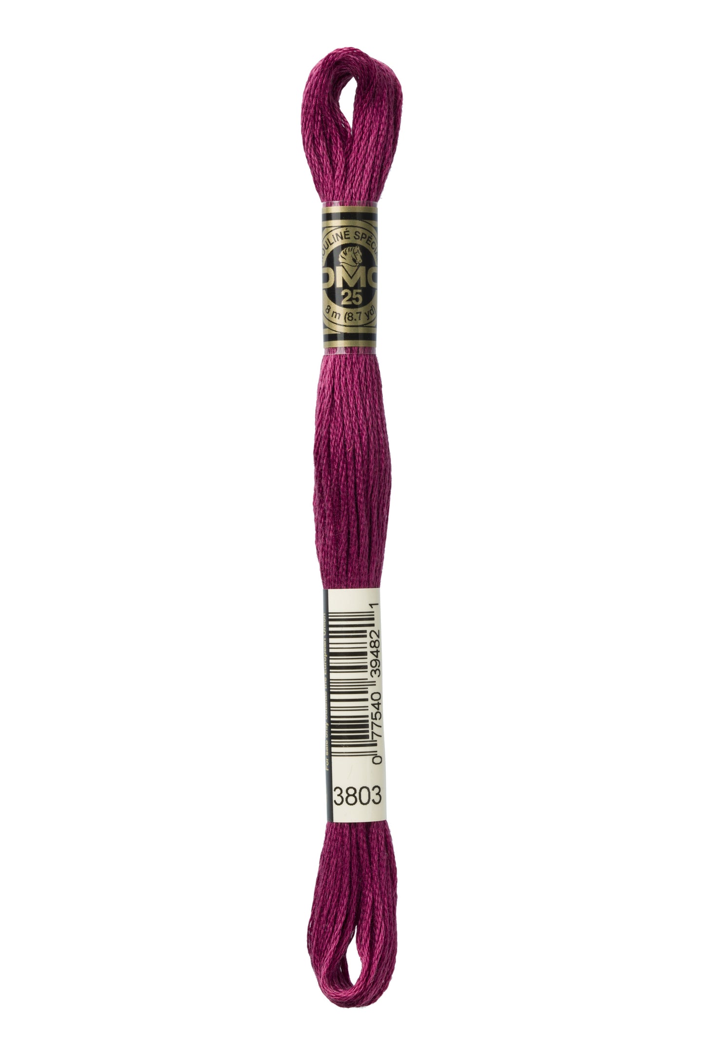 Purple embroidery floss with a label on a white background