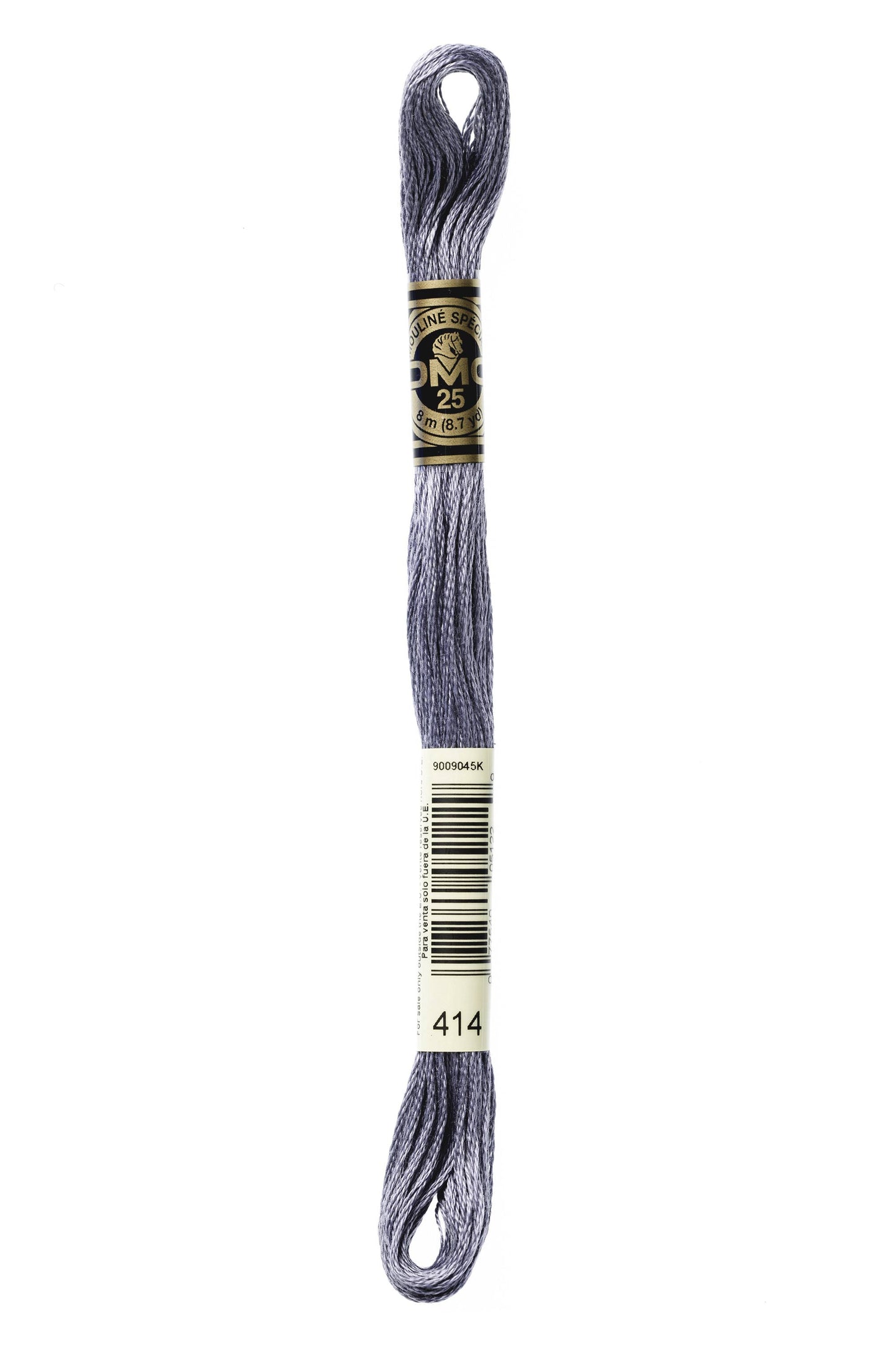 Spool of gray embroidery floss with a brand label on a white background