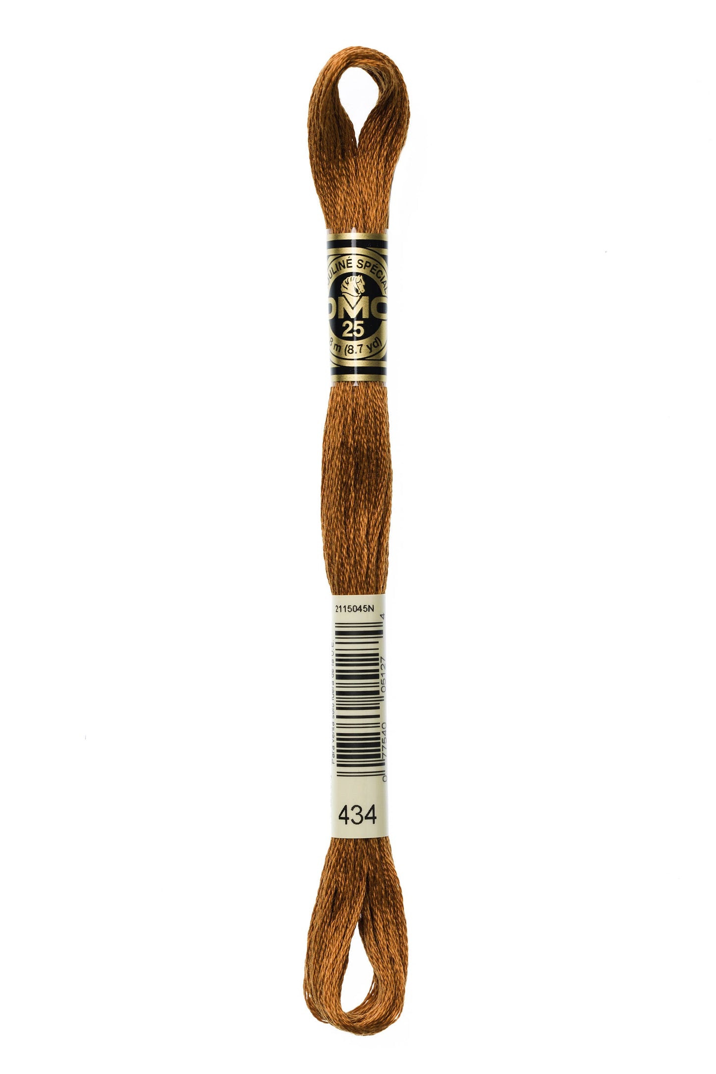 Brown thread spool with a label on a white background