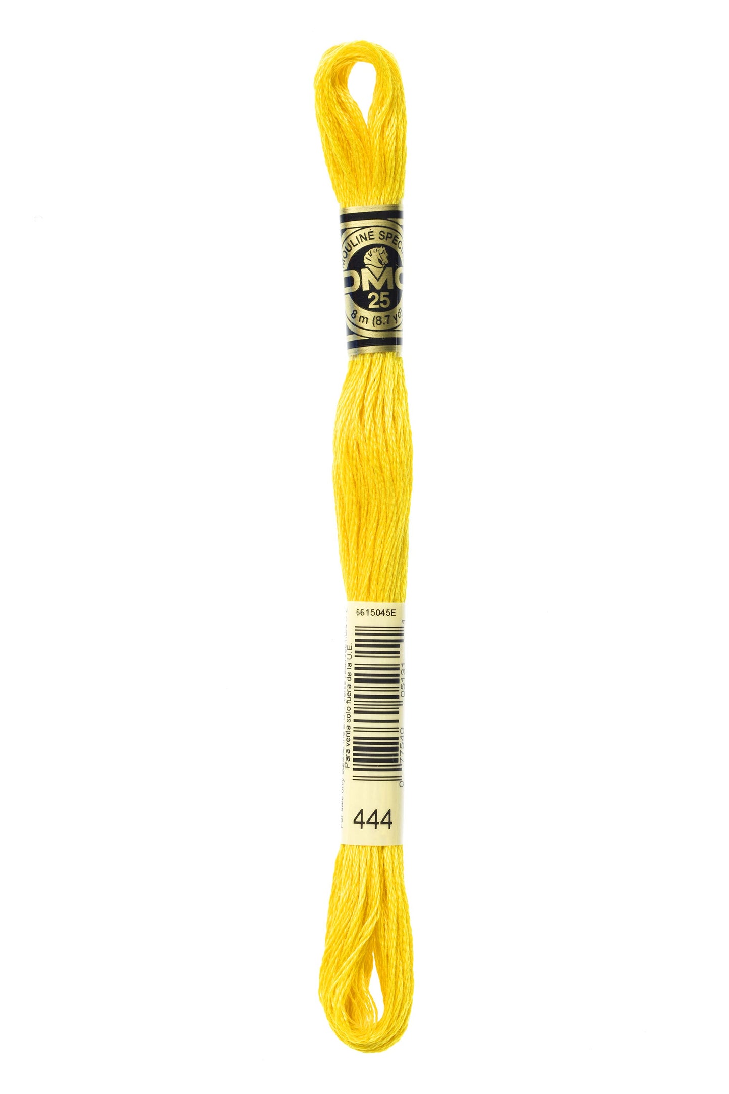 Yellow embroidery floss spool with a brand label on a white background