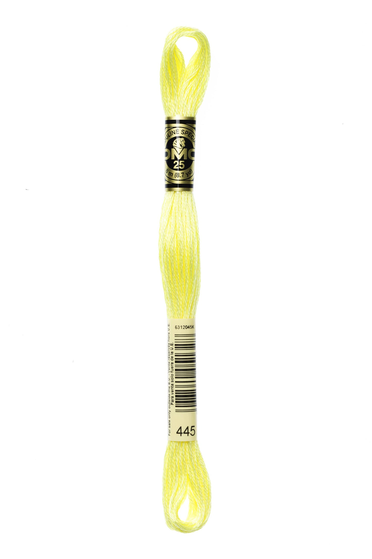 Yellow embroidery floss spool with a label on a white background