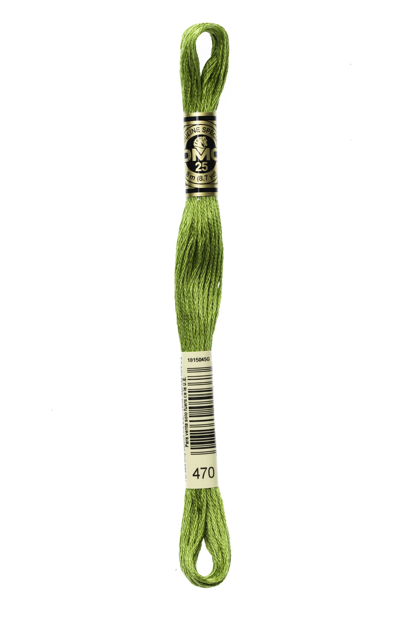 Green embroidery floss spool with a label on a white background
