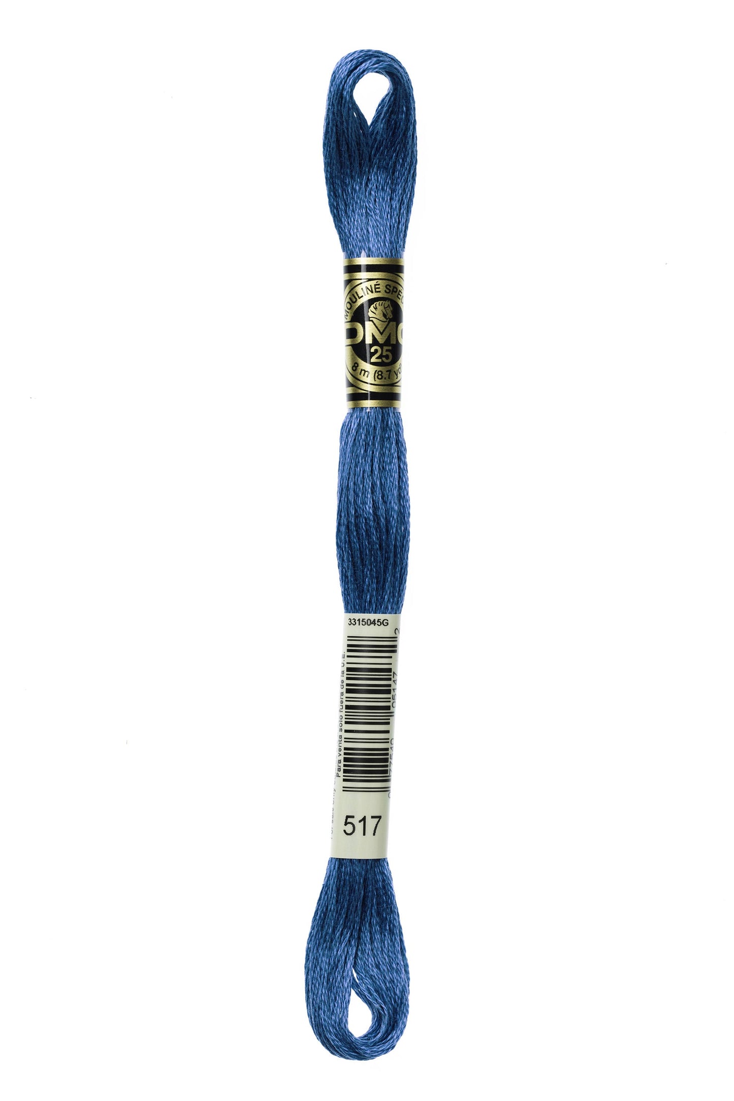 Blue embroidery floss spool with a brand label on a white background