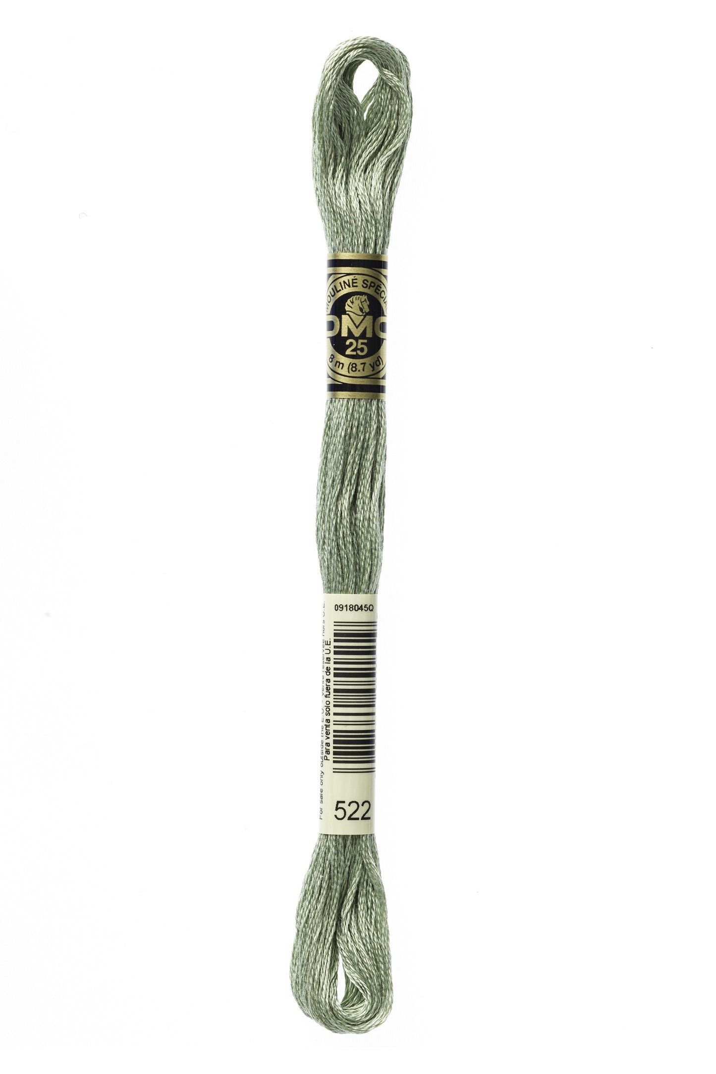 Green embroidery floss spool with a brand label on a white background
