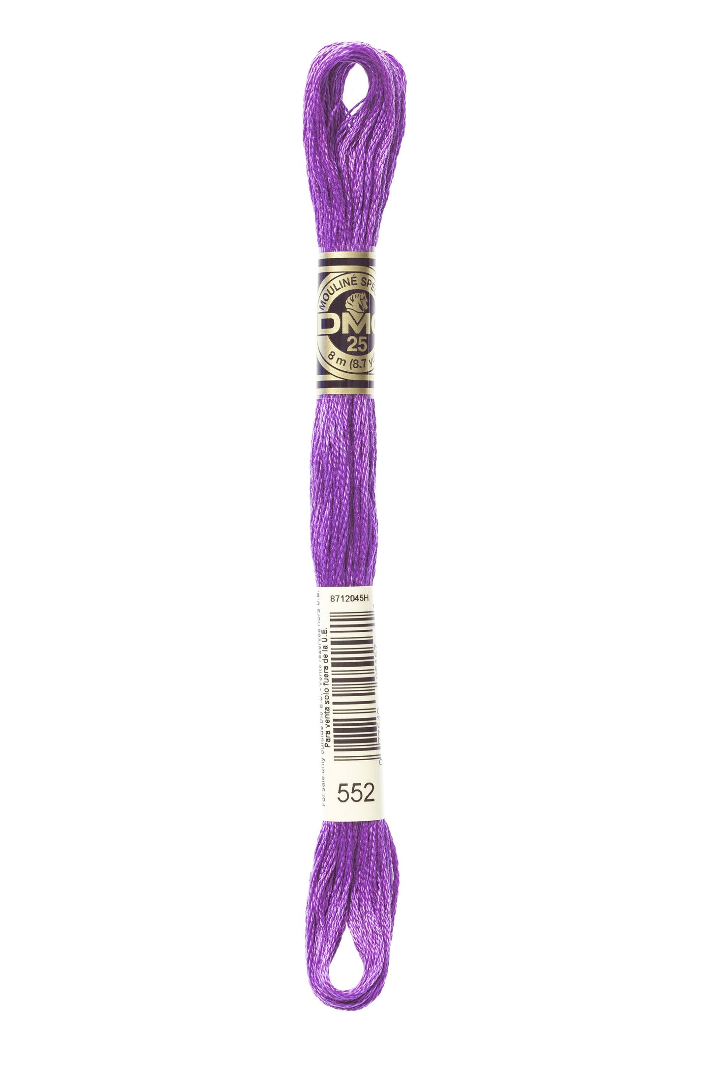 Purple embroidery floss spool with a label on a white background