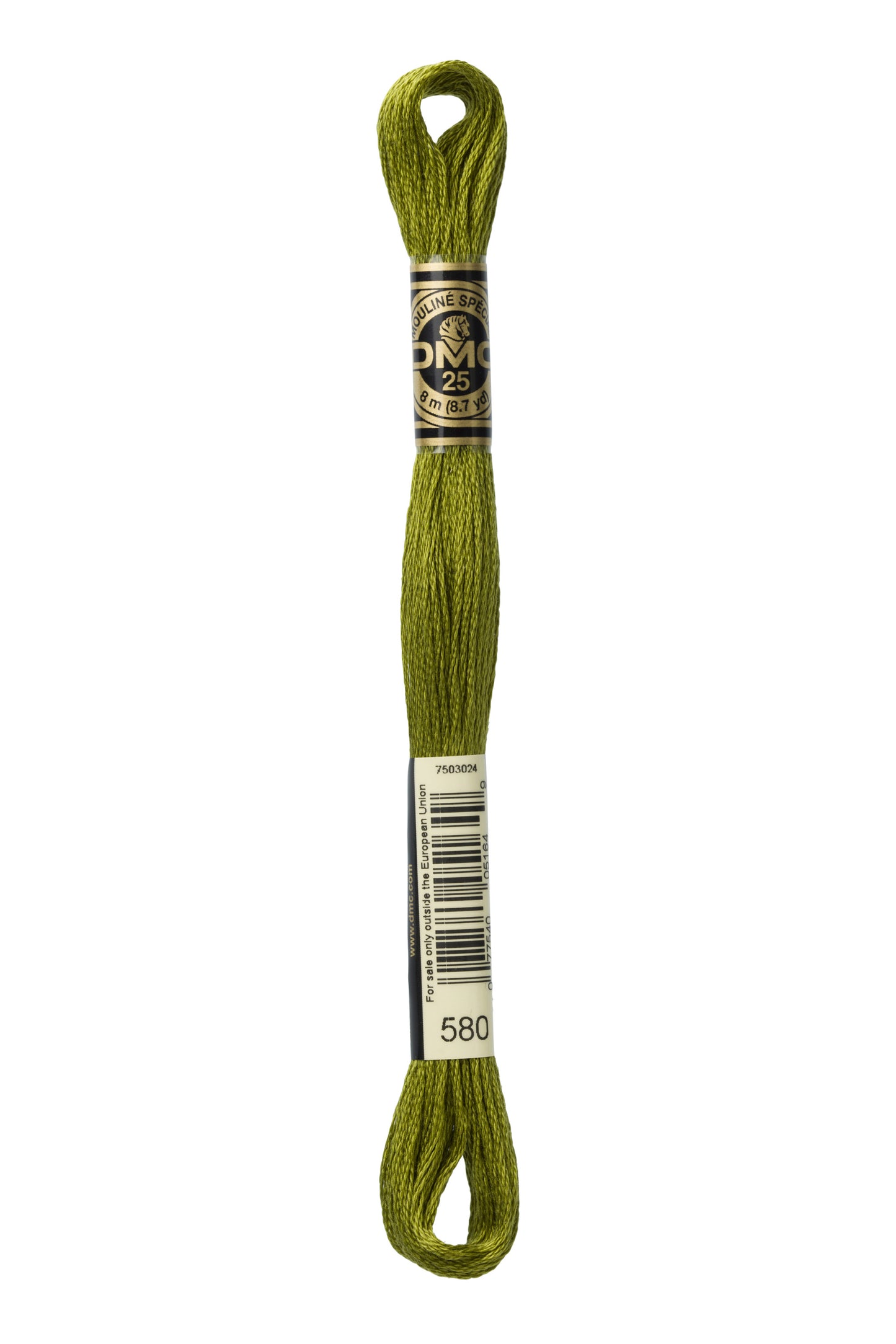 DMC embroidery floss spool in green on a white background