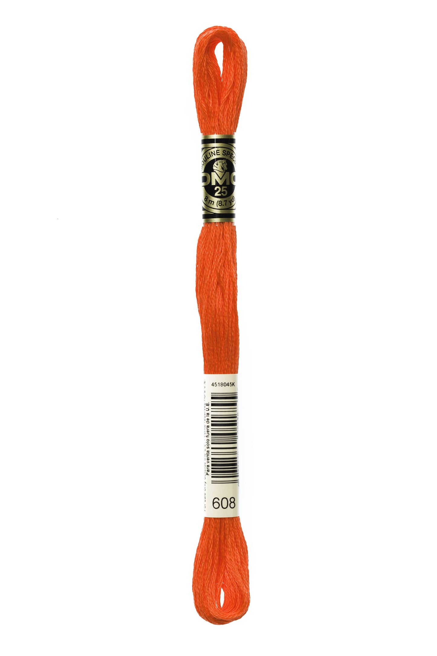 Orange embroidery floss spool with a brand label on a white background