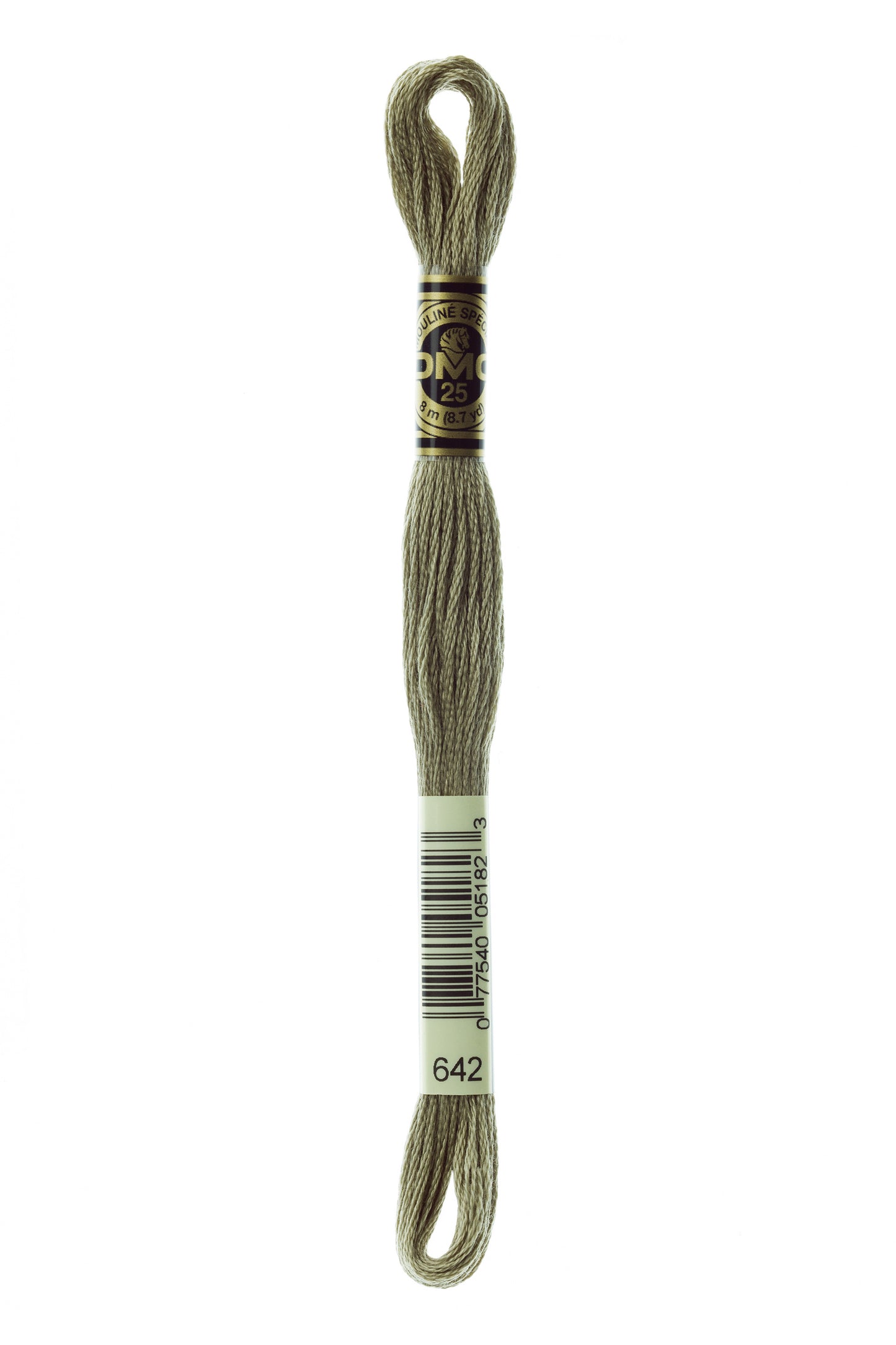 Brown embroidery floss spool with a label on a white background