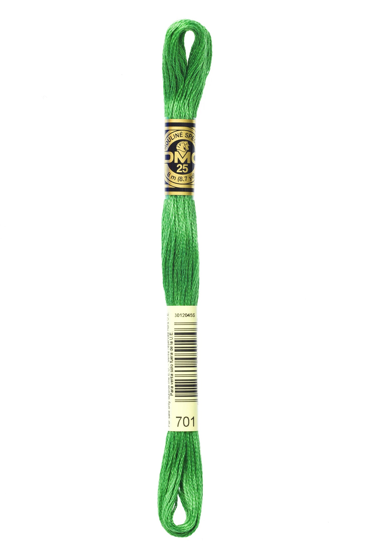 Green embroidery floss spool with a brand label on a white background