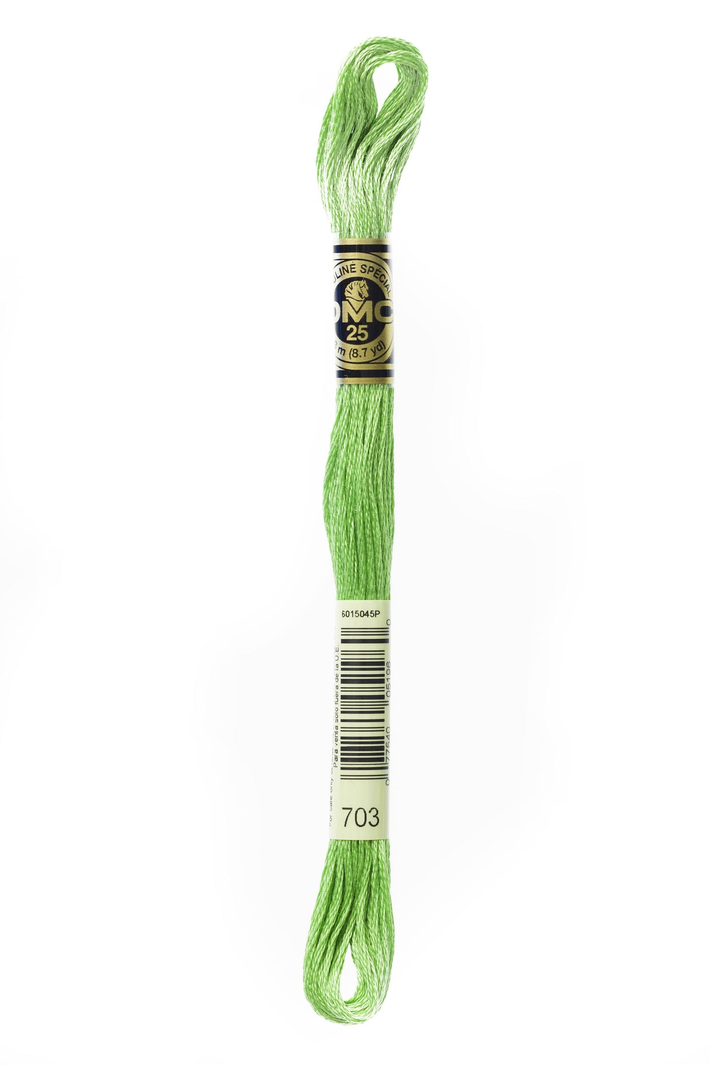 Green embroidery floss spool with a brand label on a white background