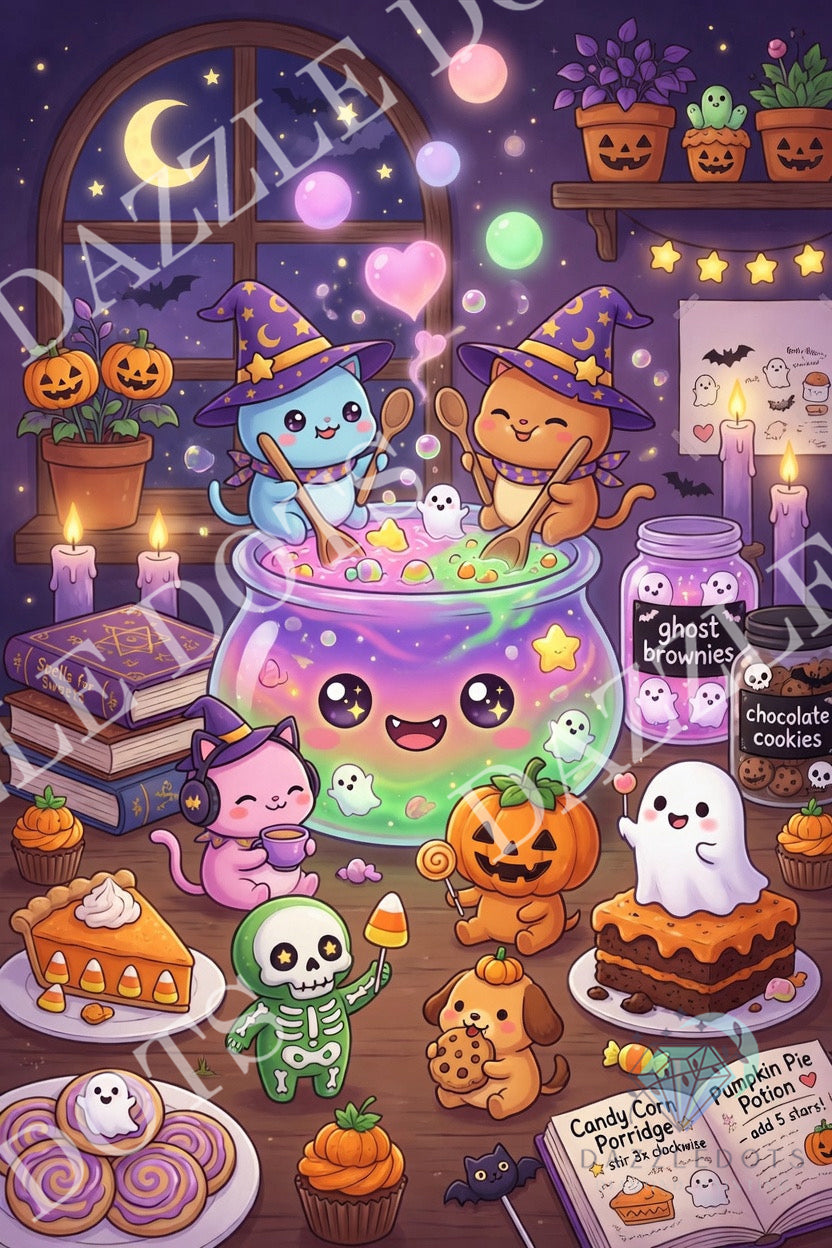Cartoon characters in Halloween costumes around a cauldron with treats and decorations.