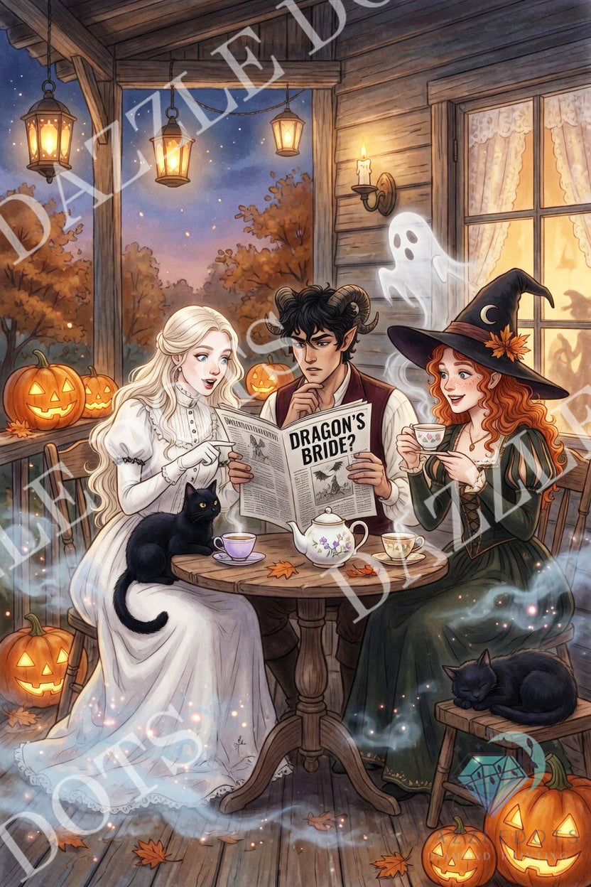 Three people in Halloween costumes reading a book titled 'Dragon's Bride' on a wooden deck with pumpkins and ghosts.
