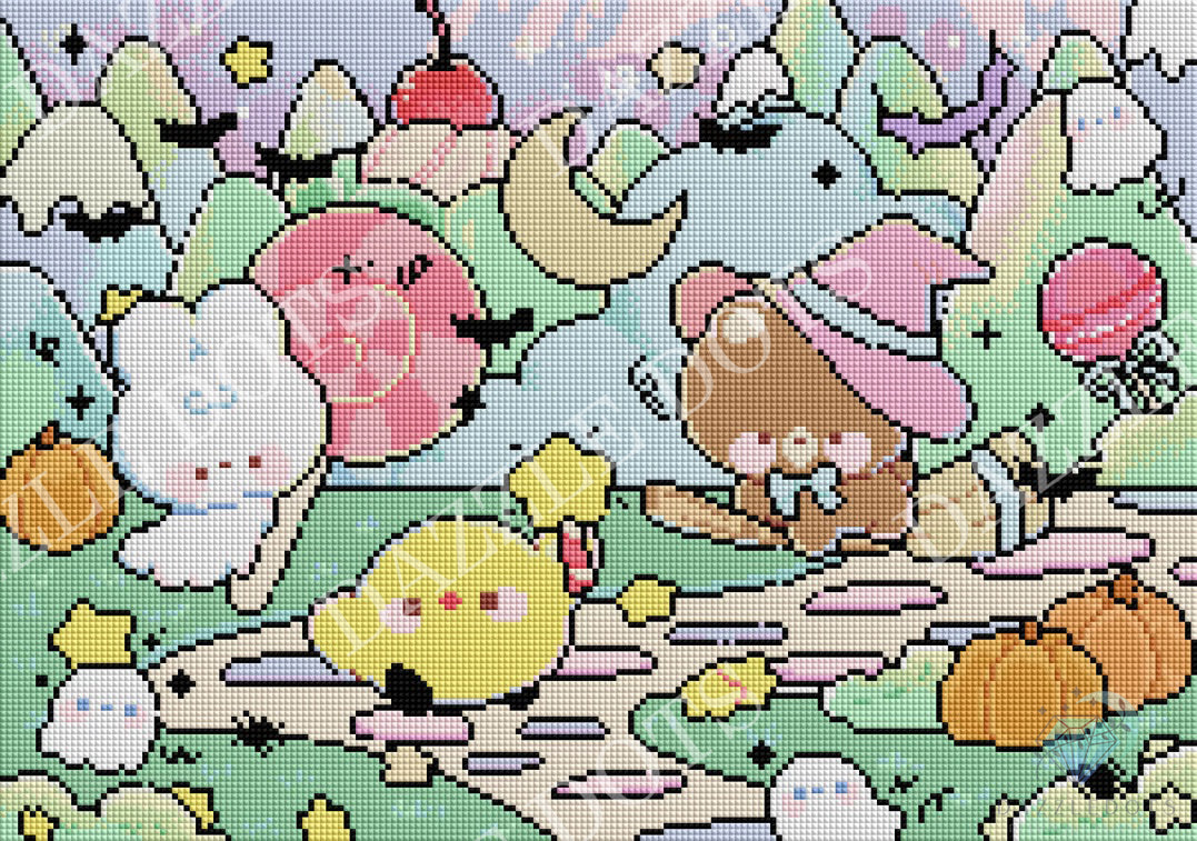 A pastel diamond painting style illustration featuring cute cartoon characters in a whimsical outdoor scene with mountains, stars, pumpkins, and a rainbow. The artwork includes a white fluffy character, a pink round character, a yellow chick-like character, and a brown bear-like character wearing a pink hat.