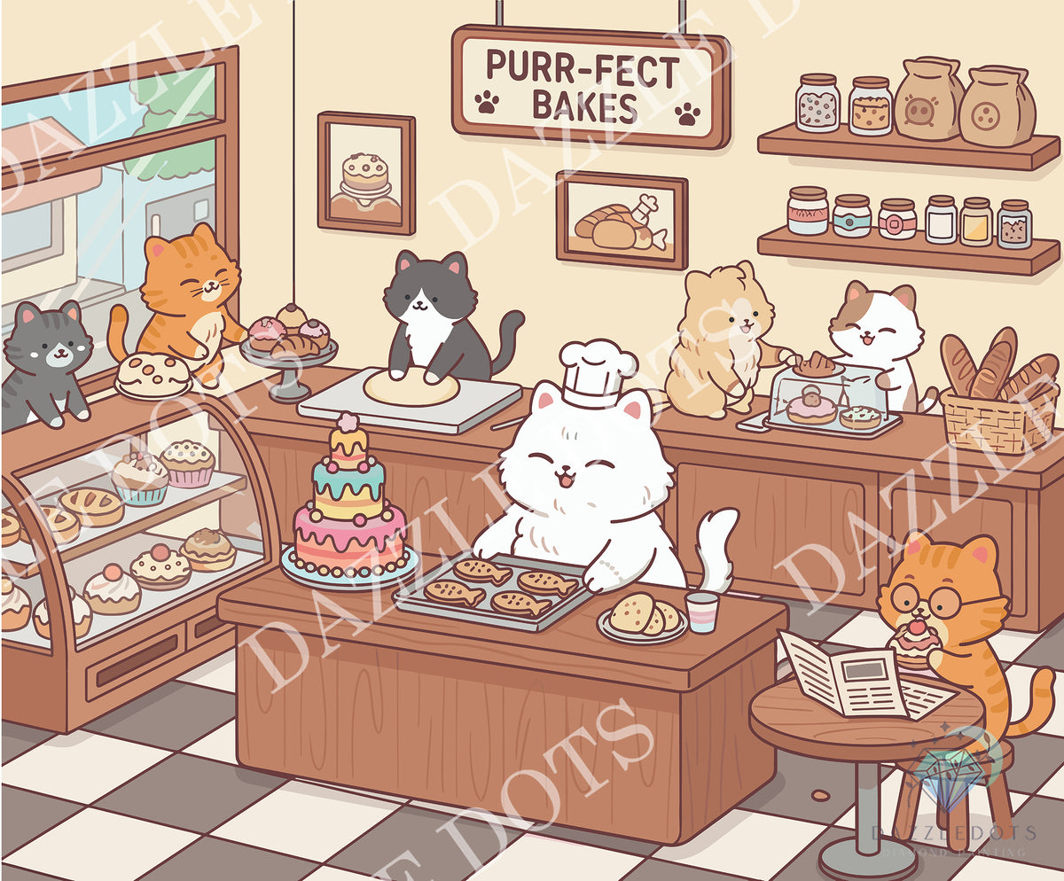 A cute cartoon bakery scene with multiple cats working and reading inside a bakery. A white cat in a chef hat stands behind a counter with pastries and a decorated cake, while other cats sit at tables or display cases.
