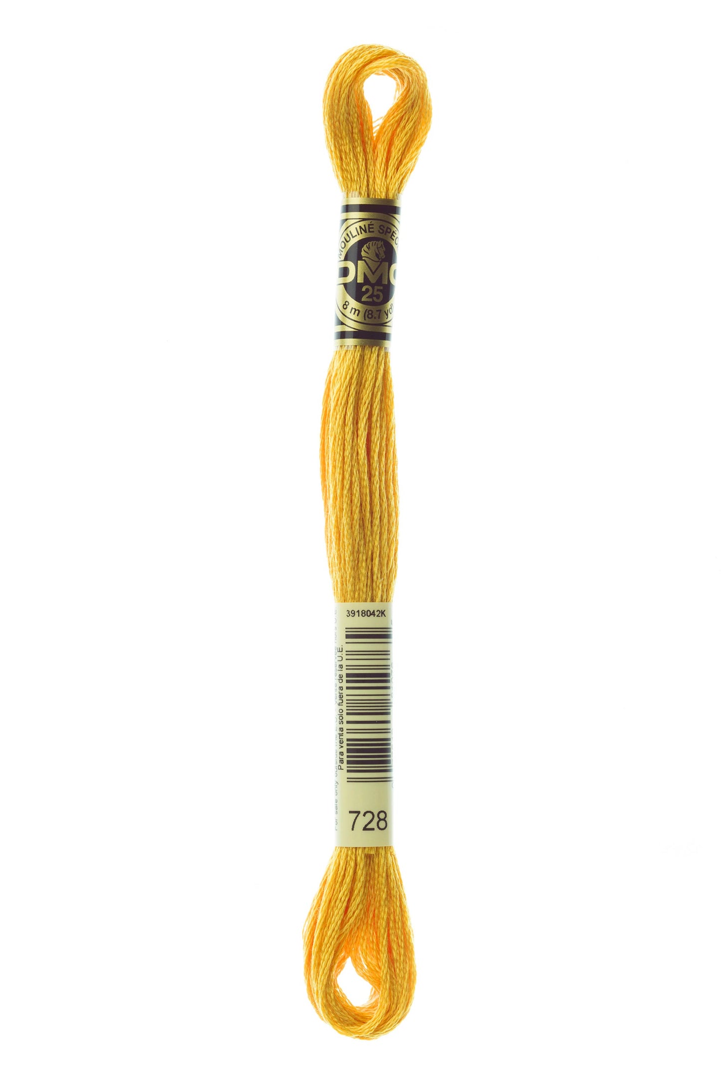 Yellow embroidery floss with a metal clasp on a white background