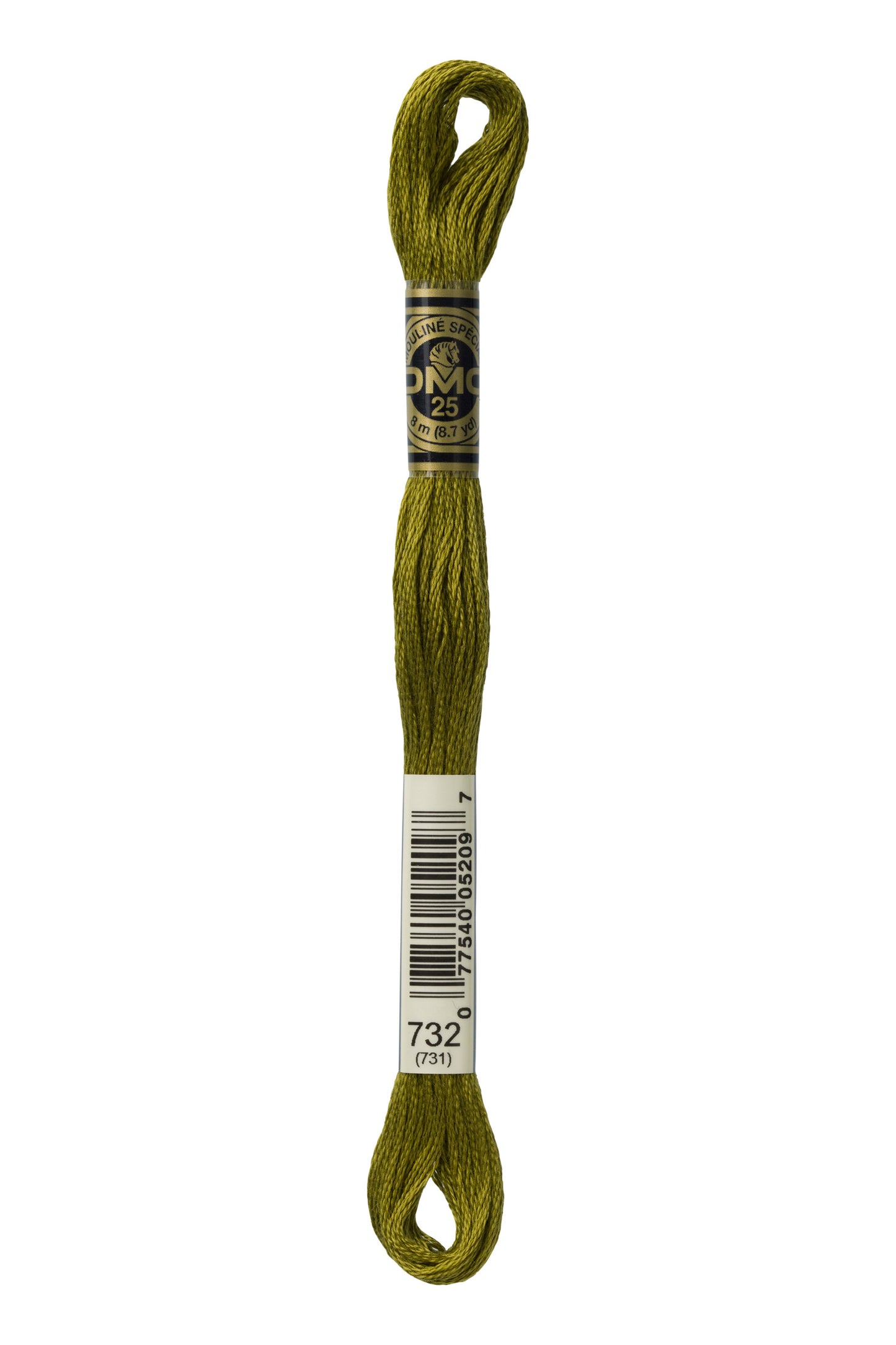 Green embroidery floss spool with a label on a white background
