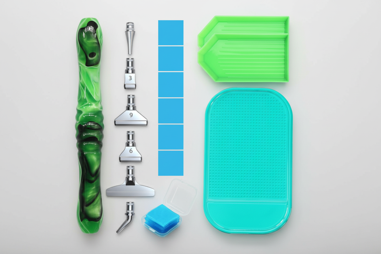 Collection of green and blue DP tools on a white background