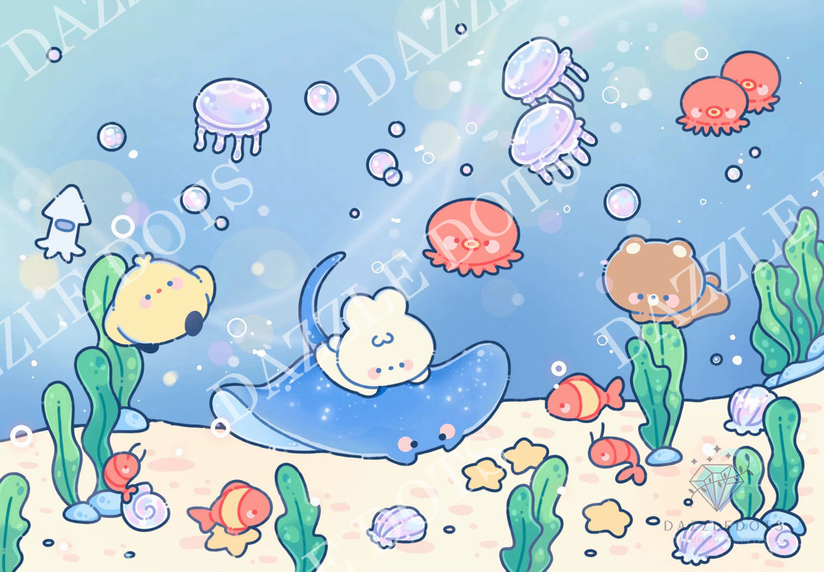 A cute underwater illustration featuring cartoon sea creatures including jellyfish, octopus, fish, kelp, and a small bear character, with a blue whale carrying a white bunny on its back. The scene is rendered in pastel colors with a light blue water background and sandy sea floor.