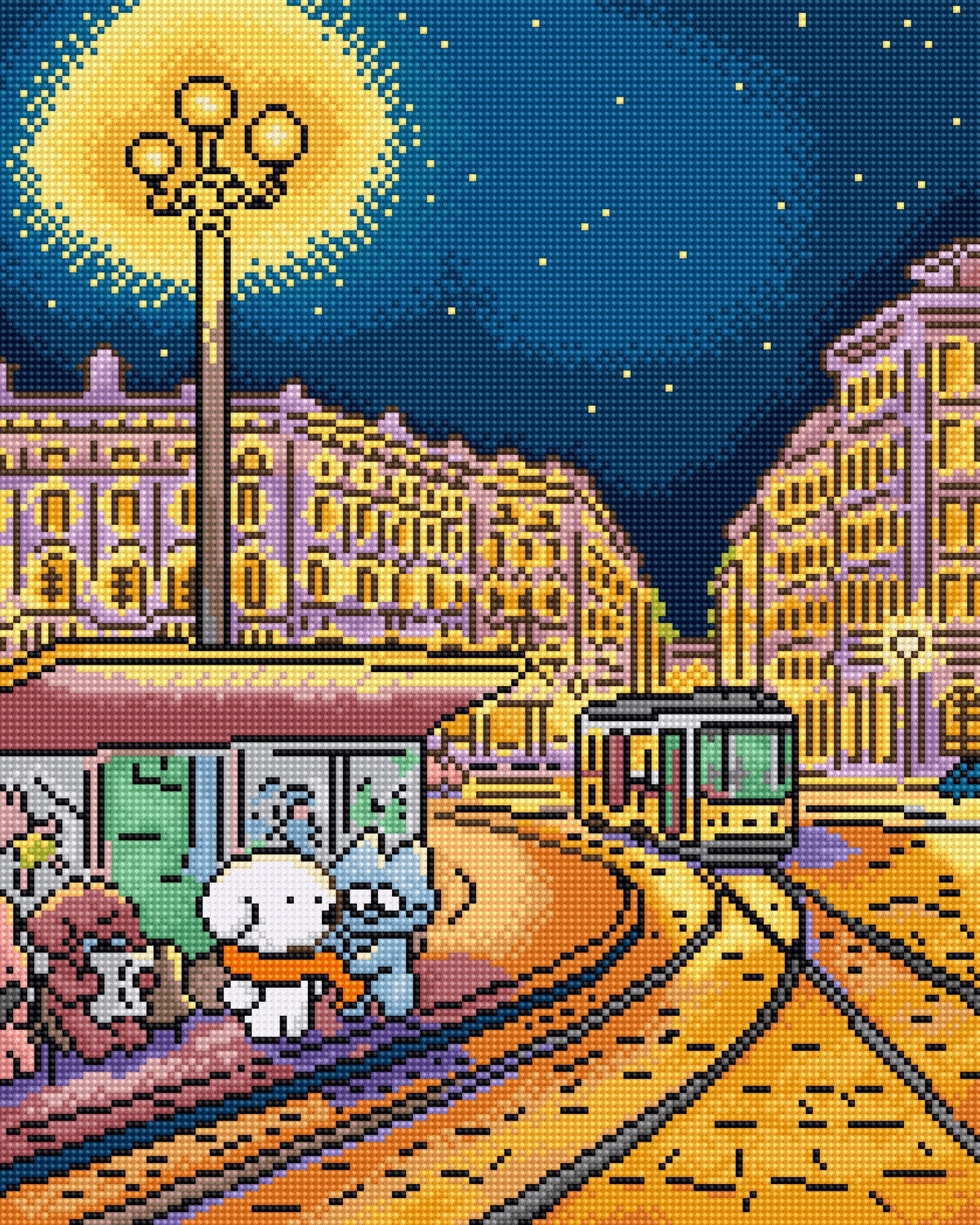 Pixel-art style city street scene at night with a tram on tracks, illuminated buildings, a glowing streetlamp, and two cartoon characters standing by a platform.