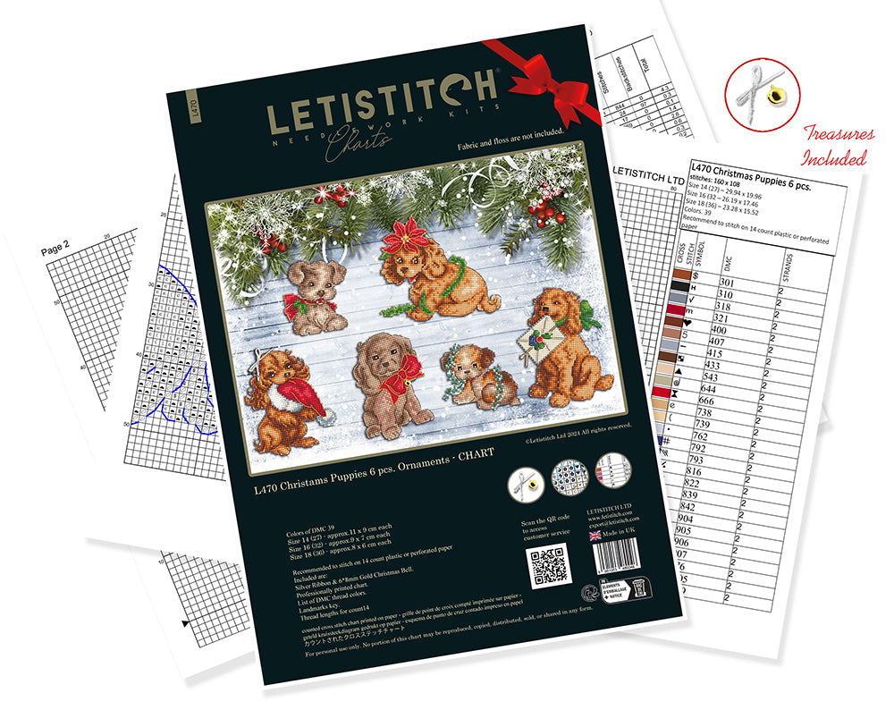 L470 Christmas Puppies 6 pcs. Ornaments - CHART