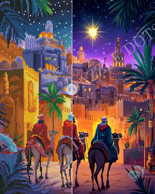 Illustration of three kings on camels in an ancient city with a star in the sky.