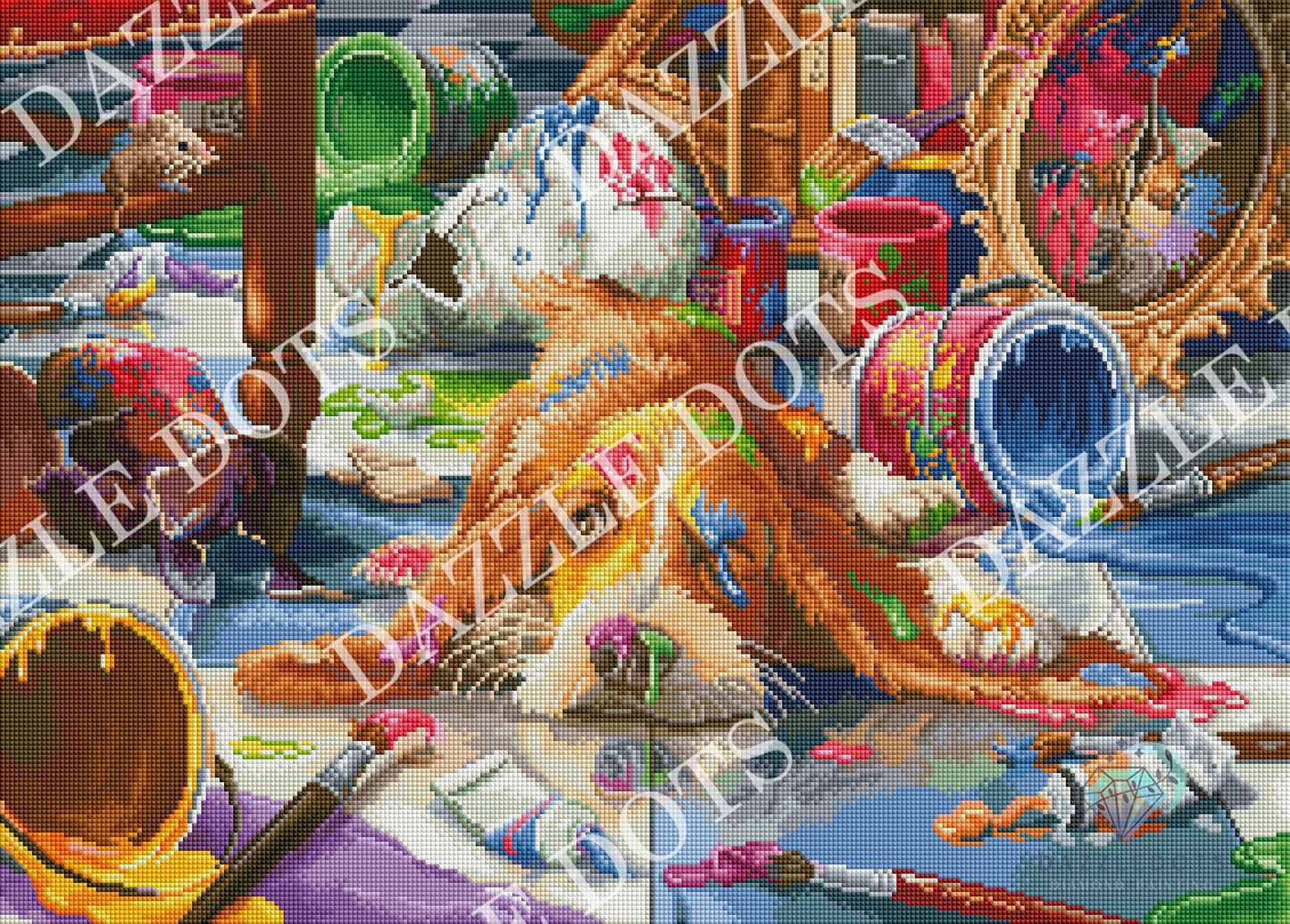 Crystal art diamond art club diamond painting scene with a puppy playing with toys on a colorful background