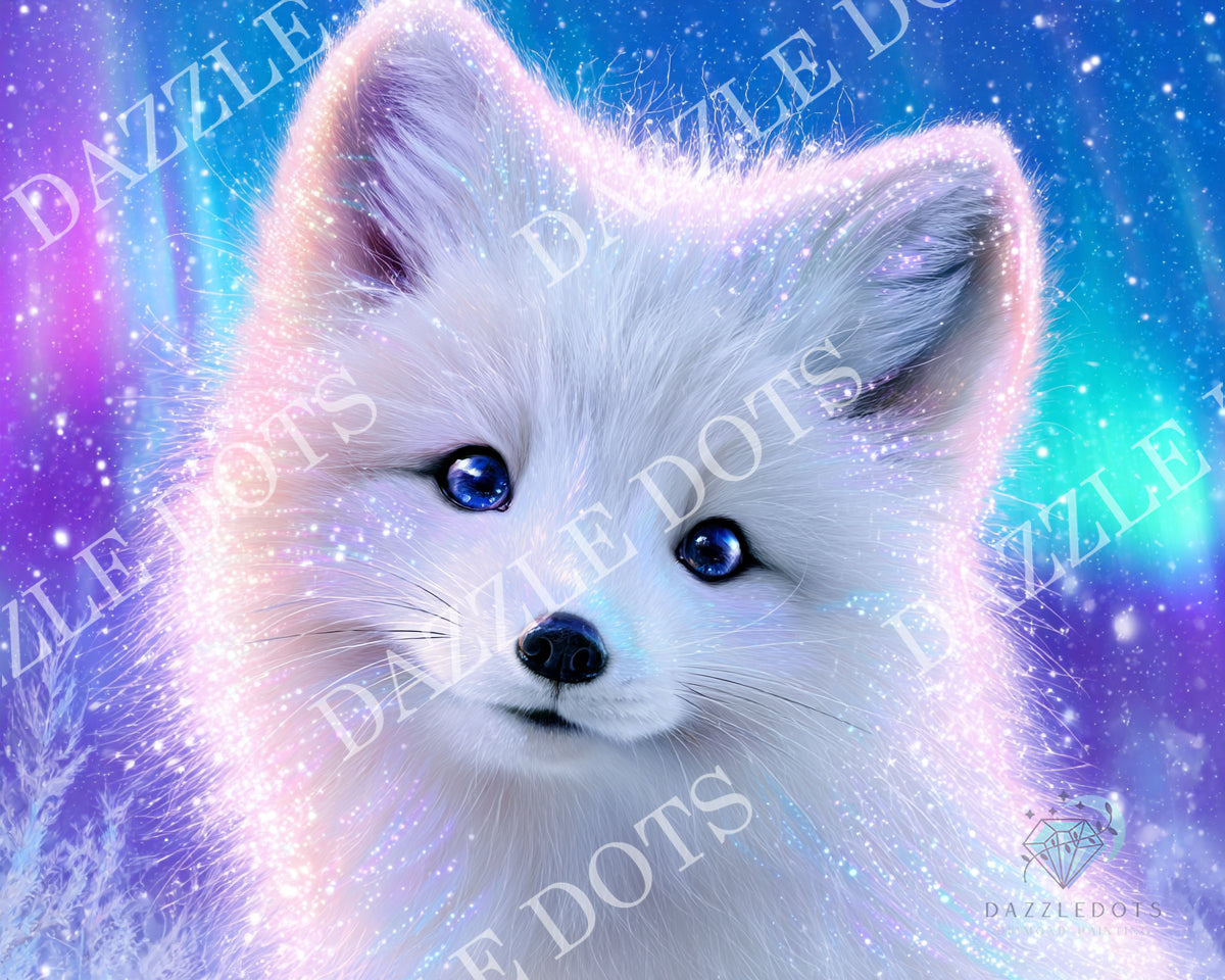 White fox with blue eyes on a colorful background with 'DAZZLE DOTS' branding.