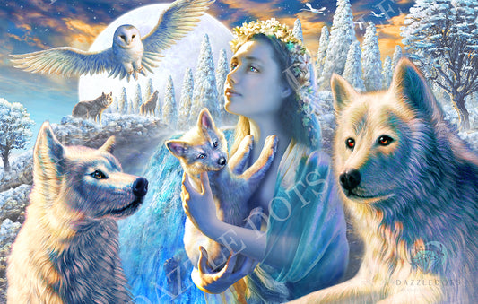 Woman surrounded by wolves and an owl in a snowy landscape