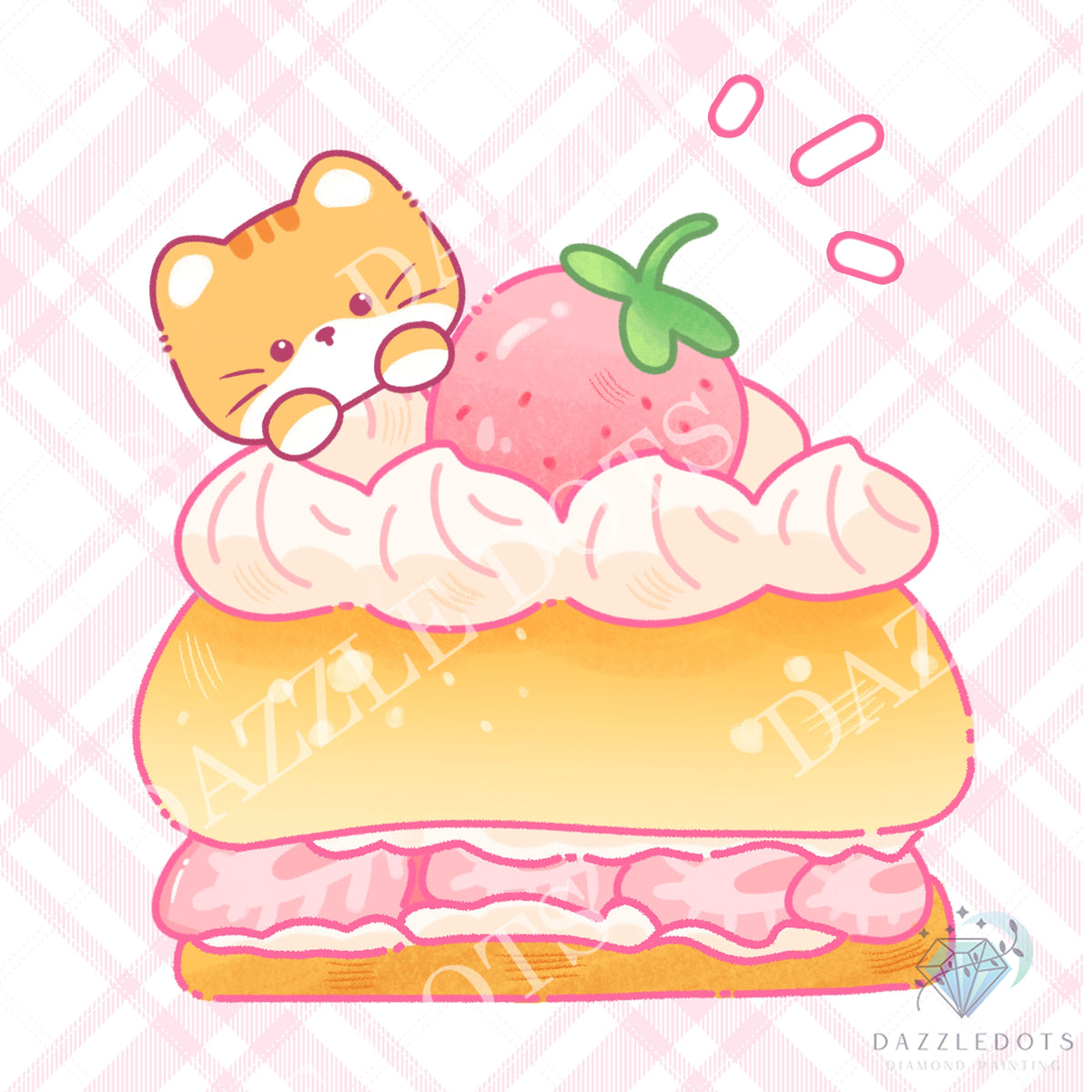 A cute cartoon illustration of a strawberry cream cake topped with a sleeping orange tabby cat wearing round glasses, on a pink plaid background. Watermarks for 'DAZZLEDOTS' are visible across the image.