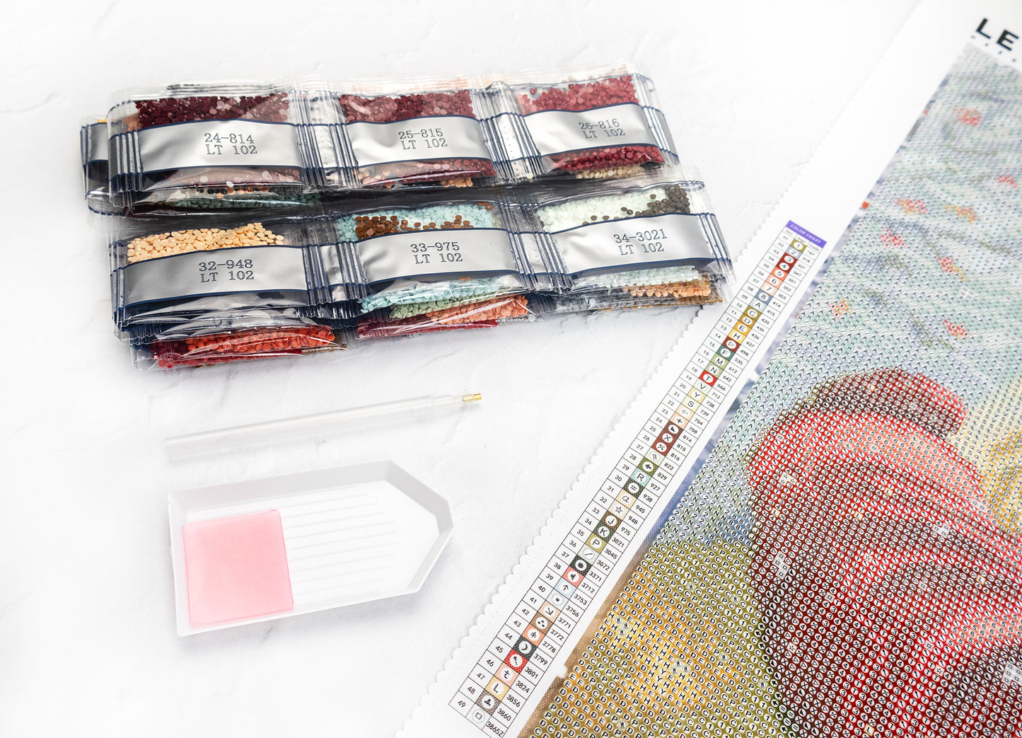 Packaging of food items with a ruler and pink sticky note on a white surface