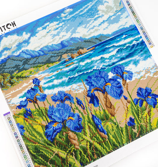 Crystal Art with blue flowers and a landscape