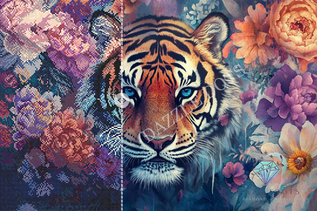 Diamond art club kit with a Tiger's face with floral elements on a colorful background