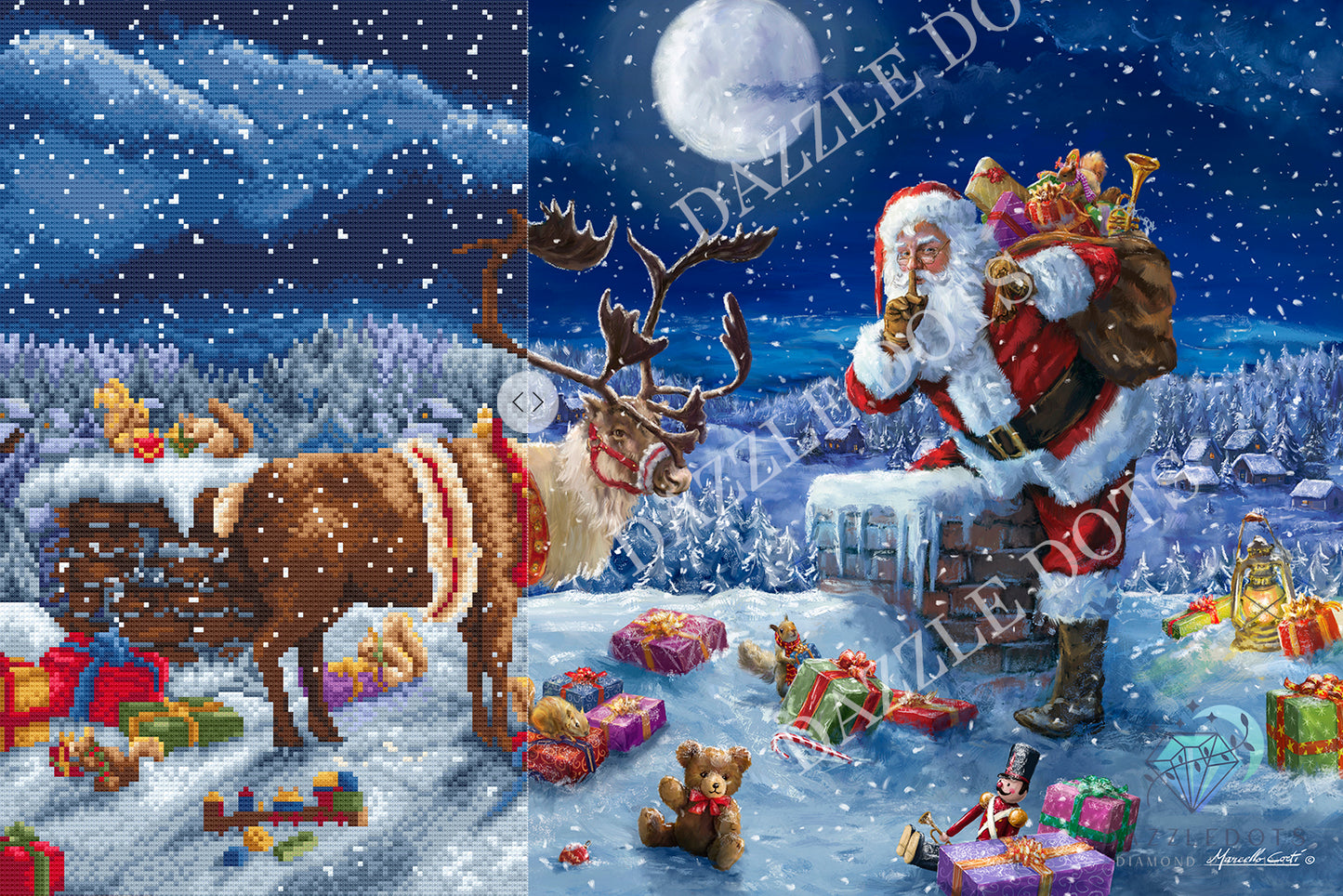 Christmas scene with Santa Claus, reindeer, and presents in a snowy landscape. Diamond Painting kit
