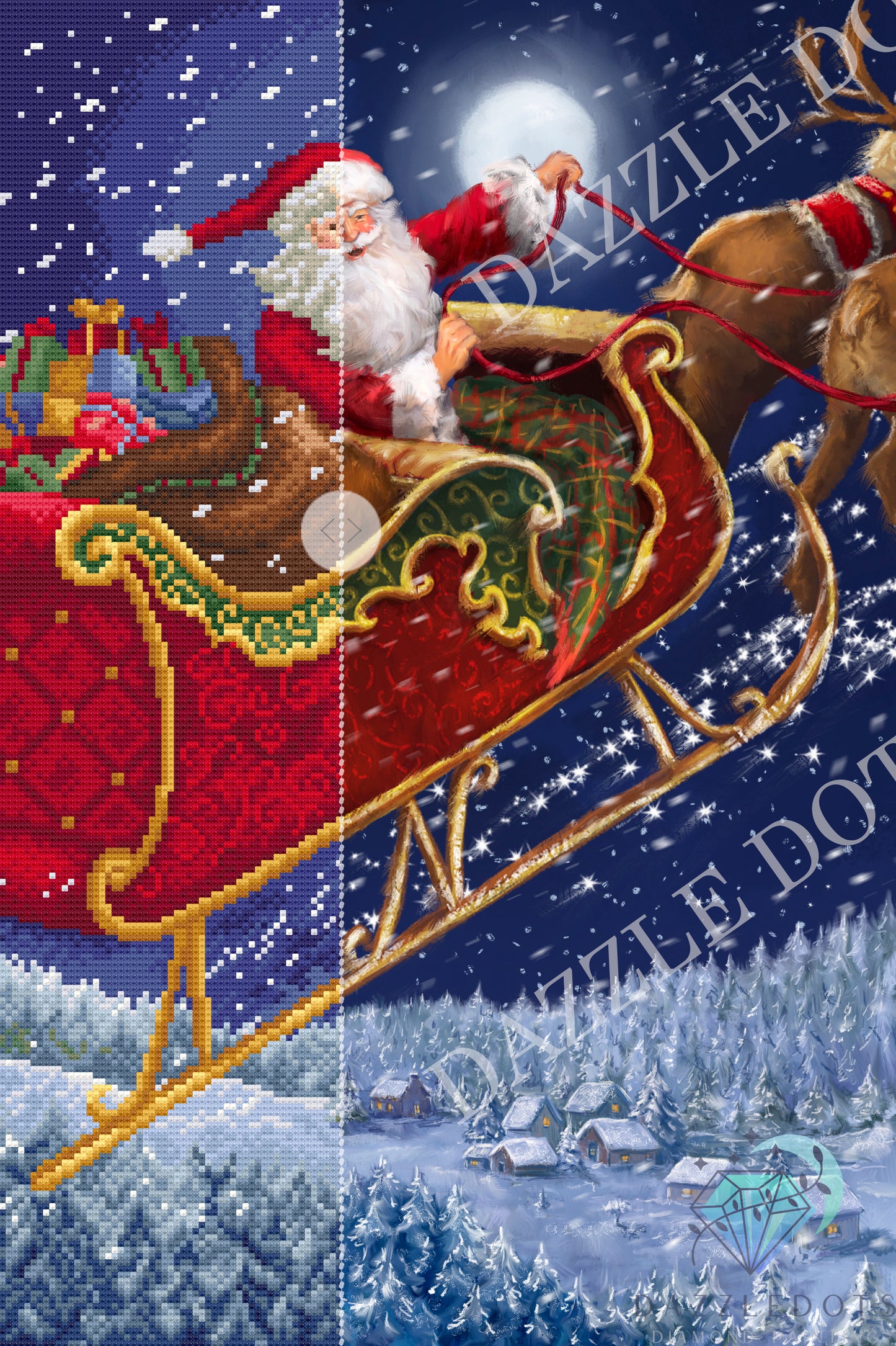 Santa Claus in a sleigh with reindeer against a snowy landscape, featuring the Dazzle Dotz brand. Diamond Painting kit