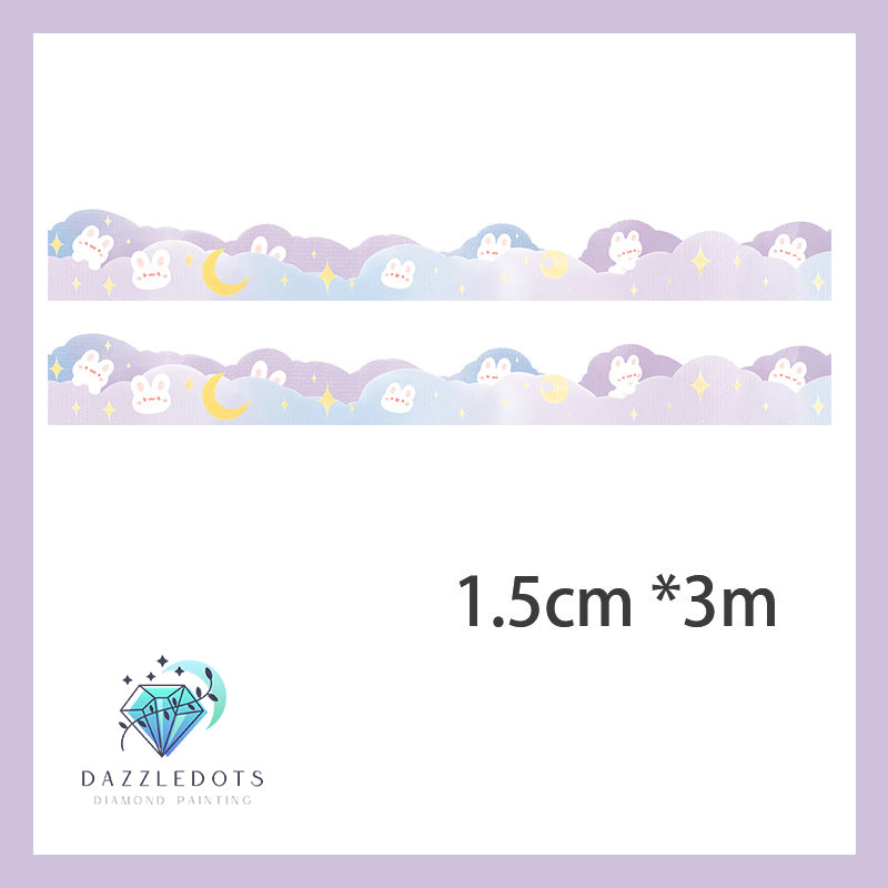 Decorative border strip with cartoon characters on a white background, featuring the Dazzledots brand.