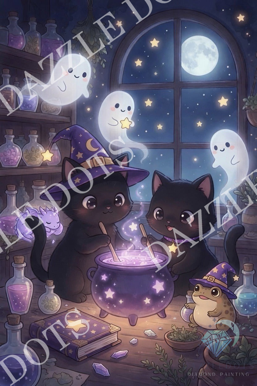 A whimsical illustrated scene of two black cats in wizard hats around a glowing cauldron, with floating white ghosts, stars, bottles, and a small hedgehog in a wizard hat in a cozy night-lab setting.