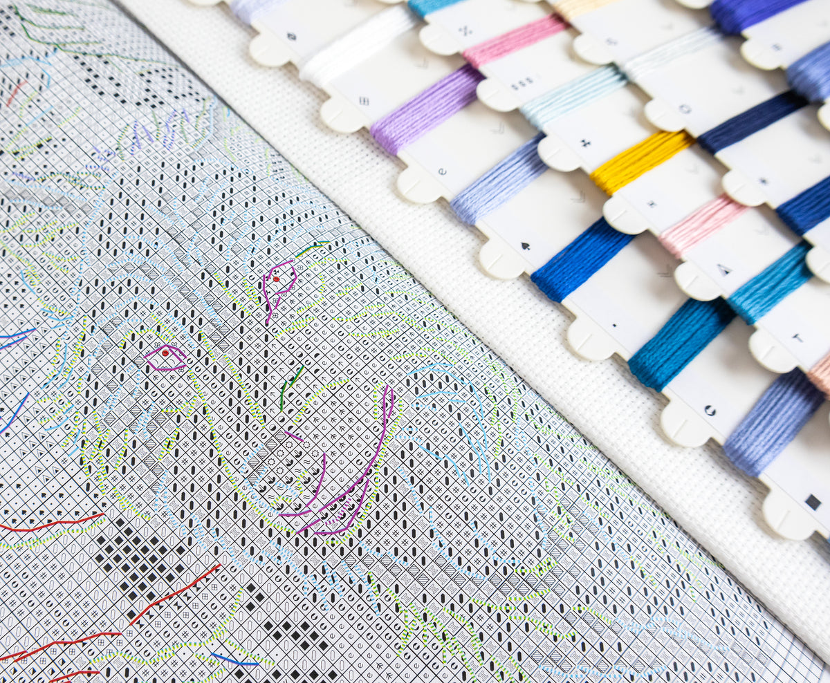 Close-up of a cross-stitch pattern sheet with partially stitched outlines in multiple colors, alongside a row of thread spools in assorted hues on a white background.