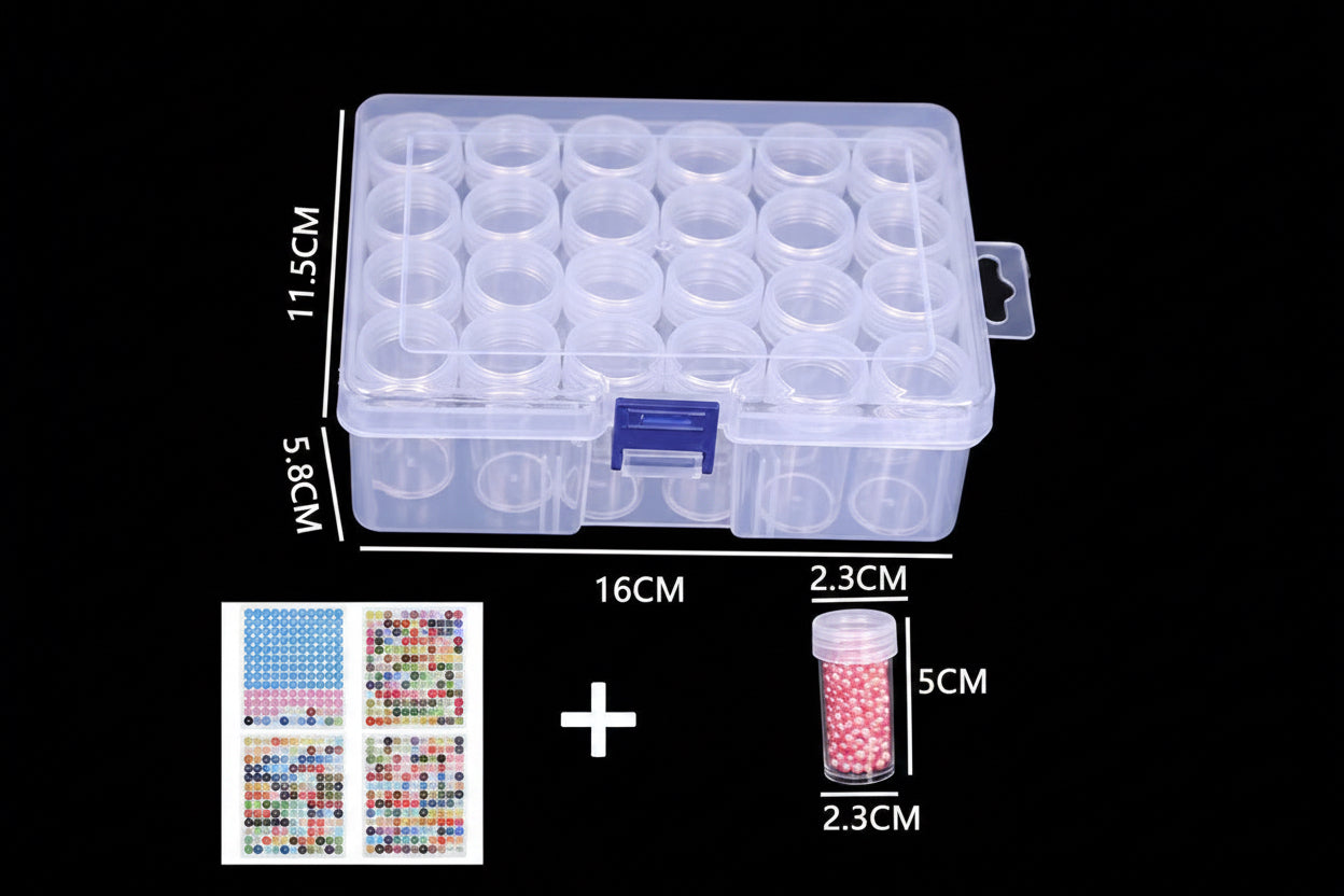 Clear plastic storage box with round compartments, measurements, and additional items