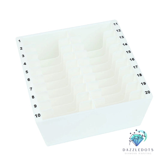 Diamond painting grid with numbers on a white background, featuring the Dazzledots brand.