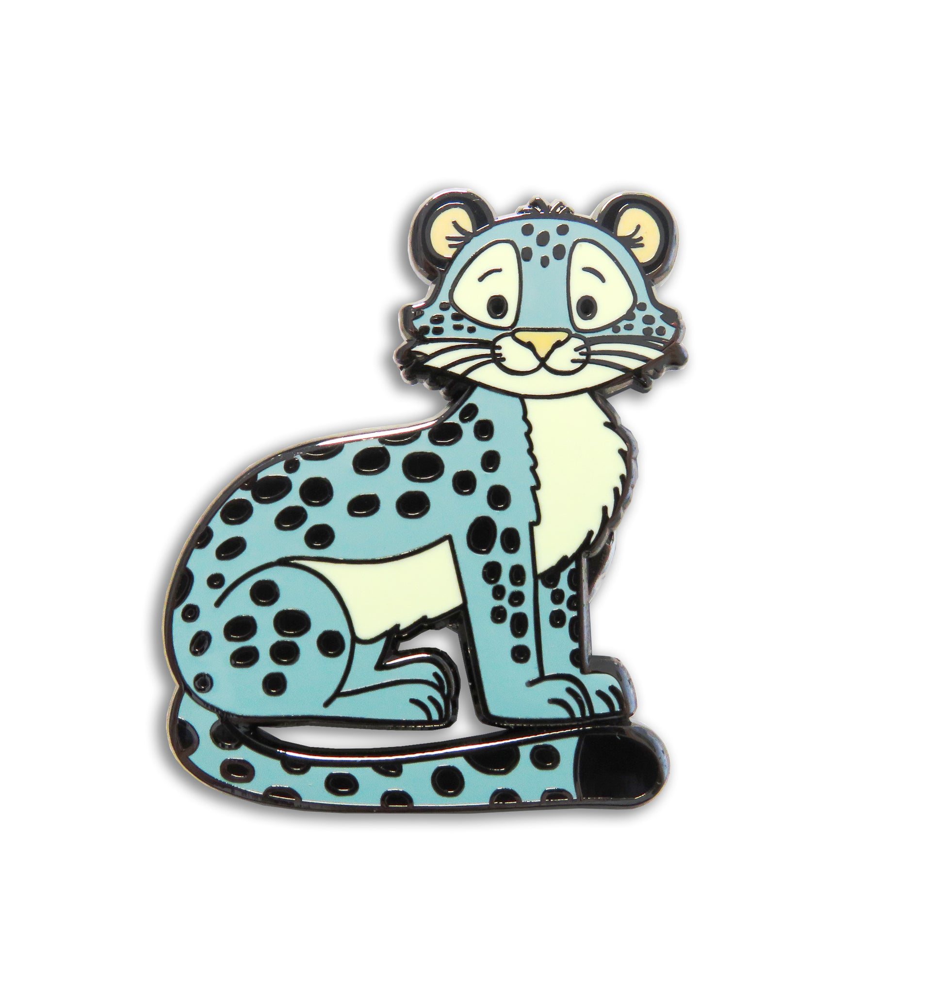 Leopard-shaped enamel Needleminder with a blue and black design on a white background