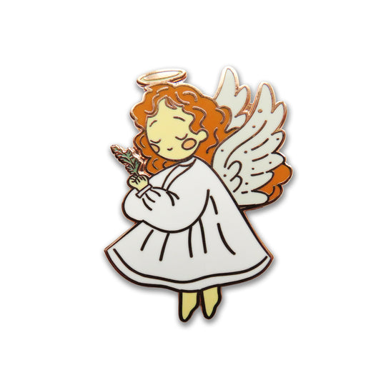 needleminder of an angel holding a feather on a white background