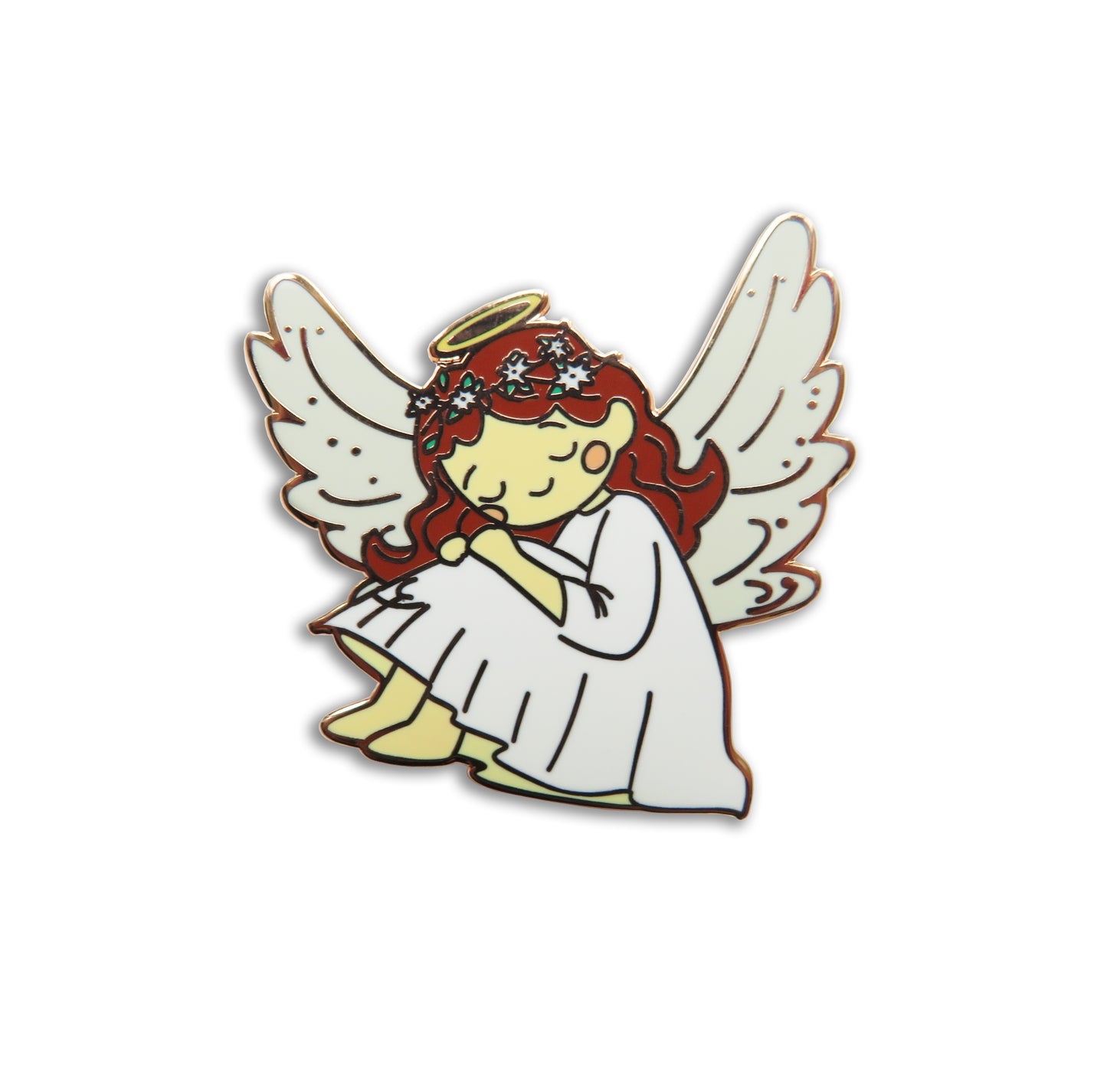 Needleminder of an angel with red hair and a white dress on a white background