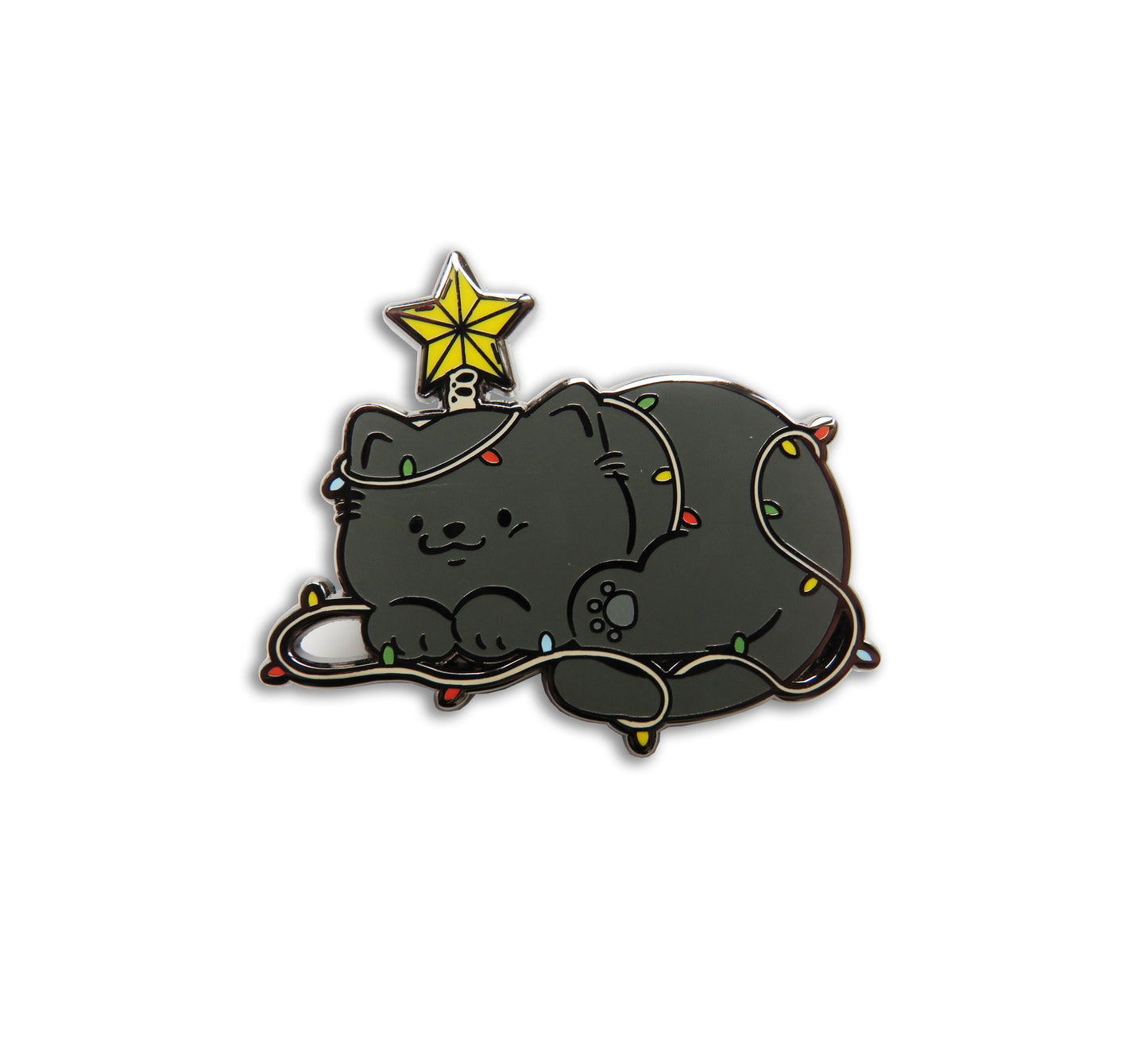 Cat-shaped needleminder with Christmas lights and a star on a white background