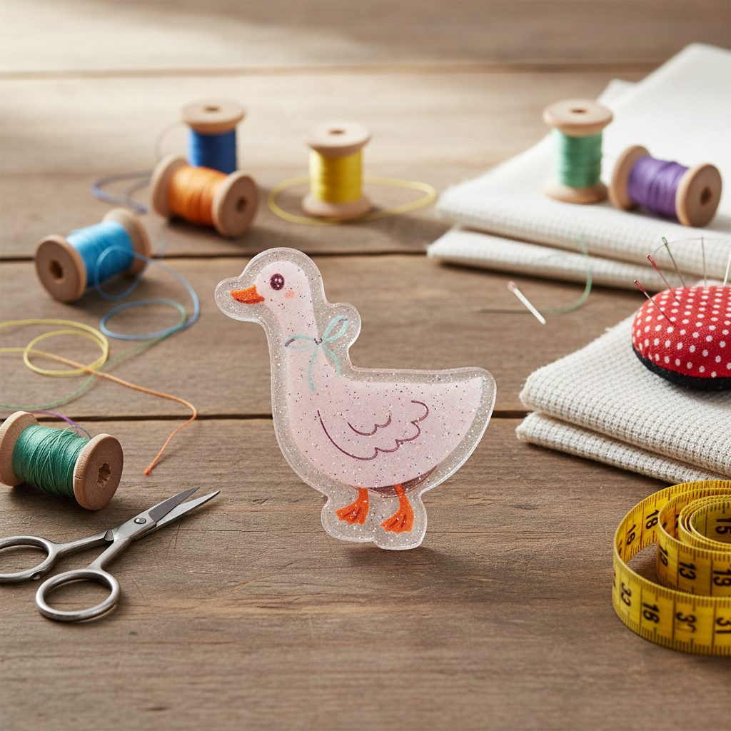 Embroidery hoop with a duck design on a wooden surface with sewing supplies.