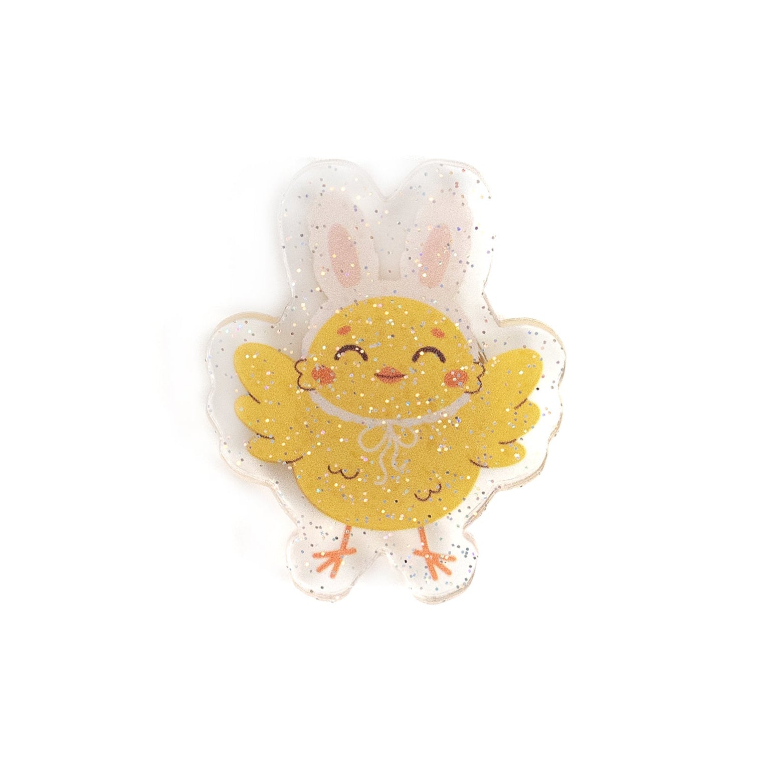 magnet of a yellow chick with a white bunny head on a white background