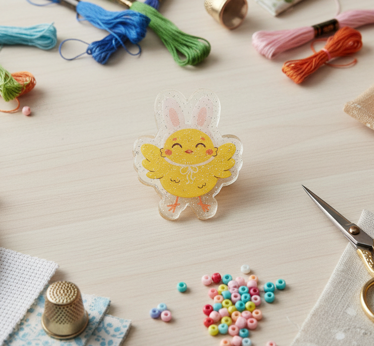 Embroidery supplies including scissors, thread, and a small chick-shaped pin on a light surface.