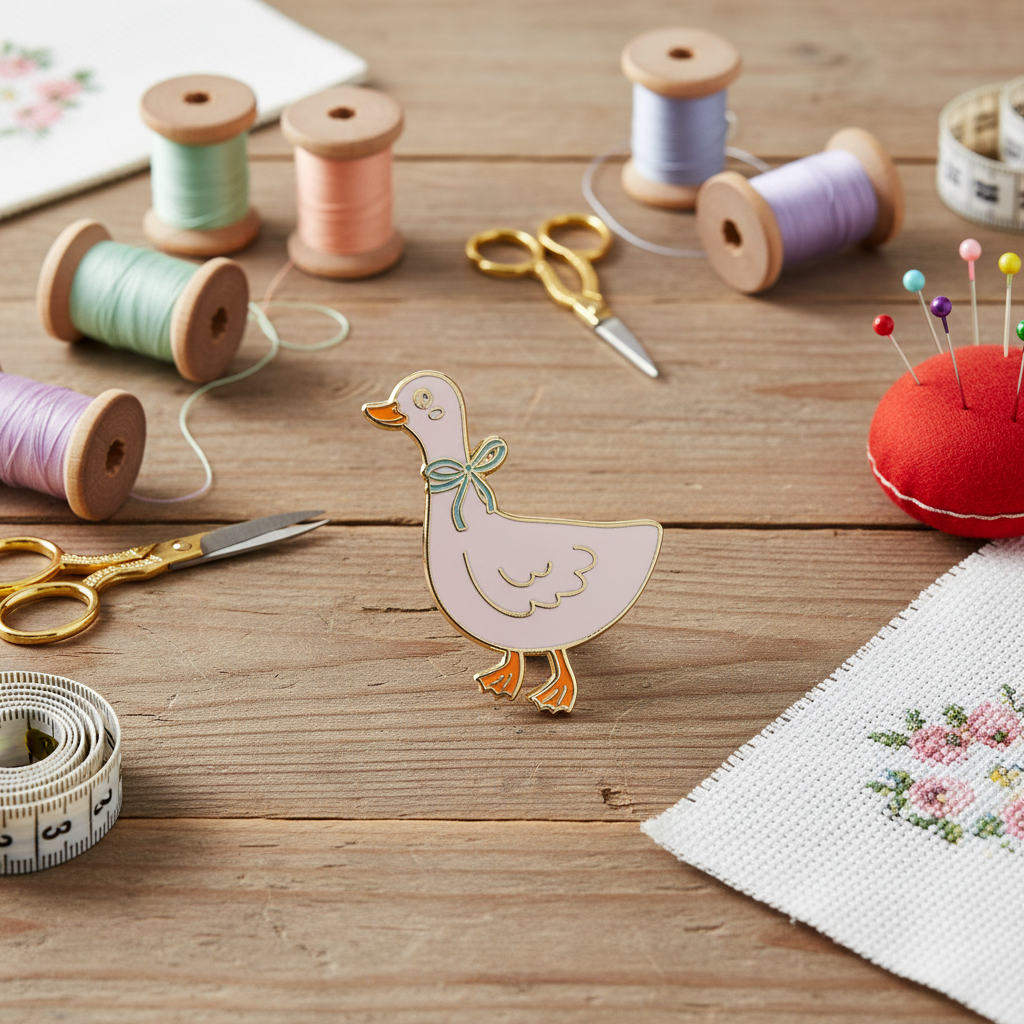 enamel duck needleminderwith sewing supplies on a wooden table