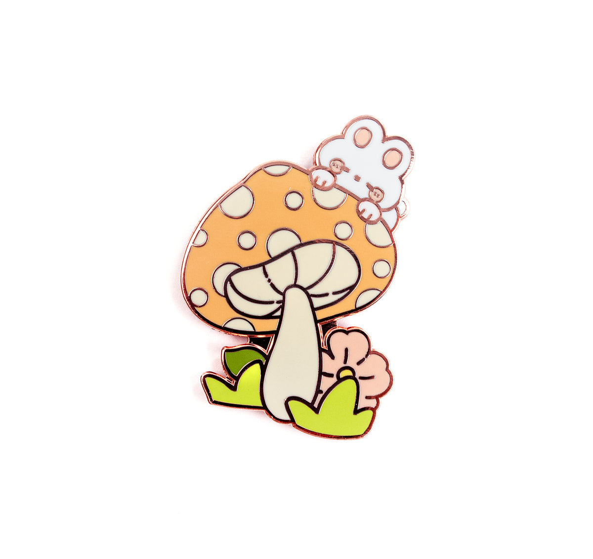 A cute mushroom enamel pin featuring an orange mushroom with white spots, a white stem, a small white mouse on top, green leaves, and a pink flower, set against a plain white background.