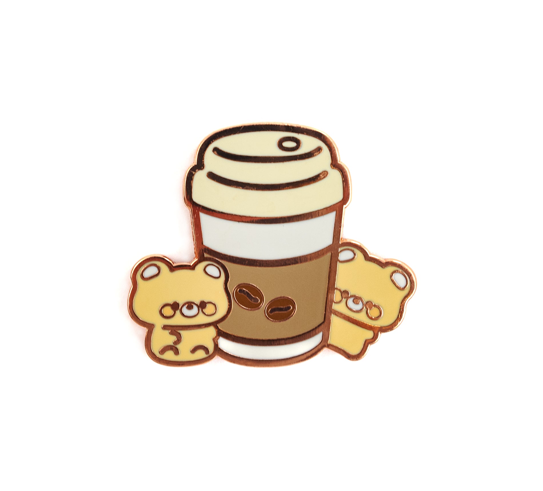 A cute enamel pin featuring a takeaway coffee cup with two small teddy bears on either side, shown on a plain white background.